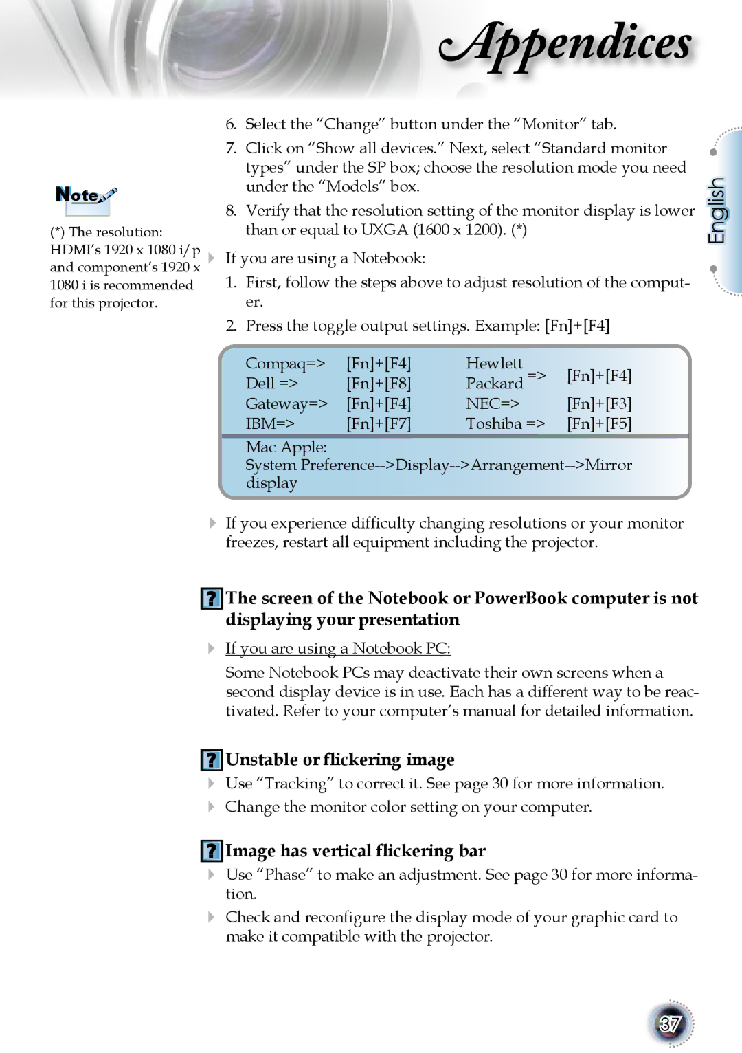 Optoma Technology 1080p DLP manual Unstable or ﬂickering image, Image has vertical ﬂickering bar 