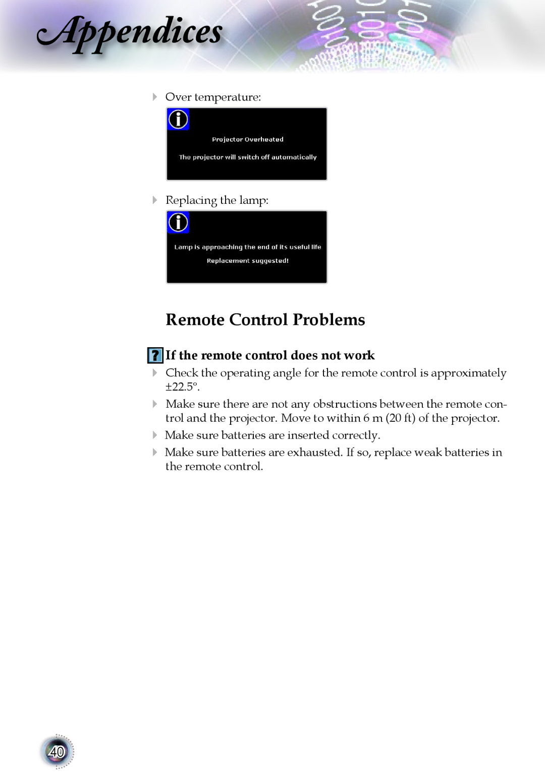 Optoma Technology 1080p DLP manual Remote Control Problems, If the remote control does not work 