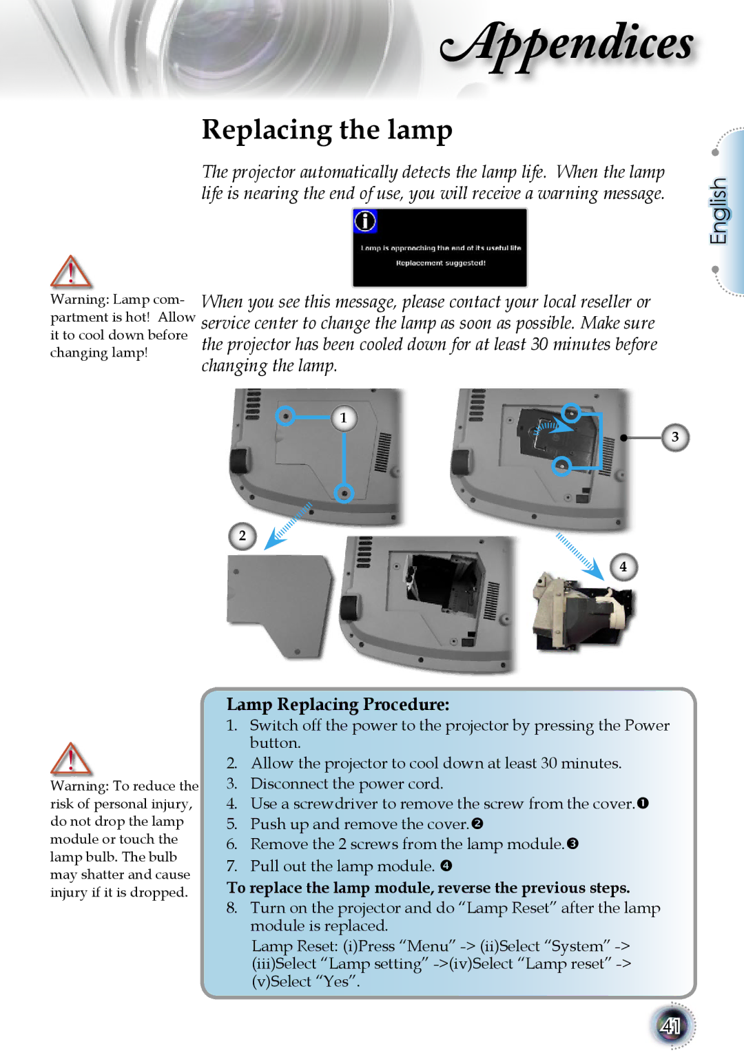 Optoma Technology 1080p DLP manual Replacing the lamp, Lamp Replacing Procedure 