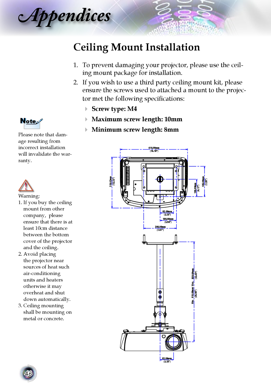 Optoma Technology 1080p DLP manual Ceiling Mount Installation 