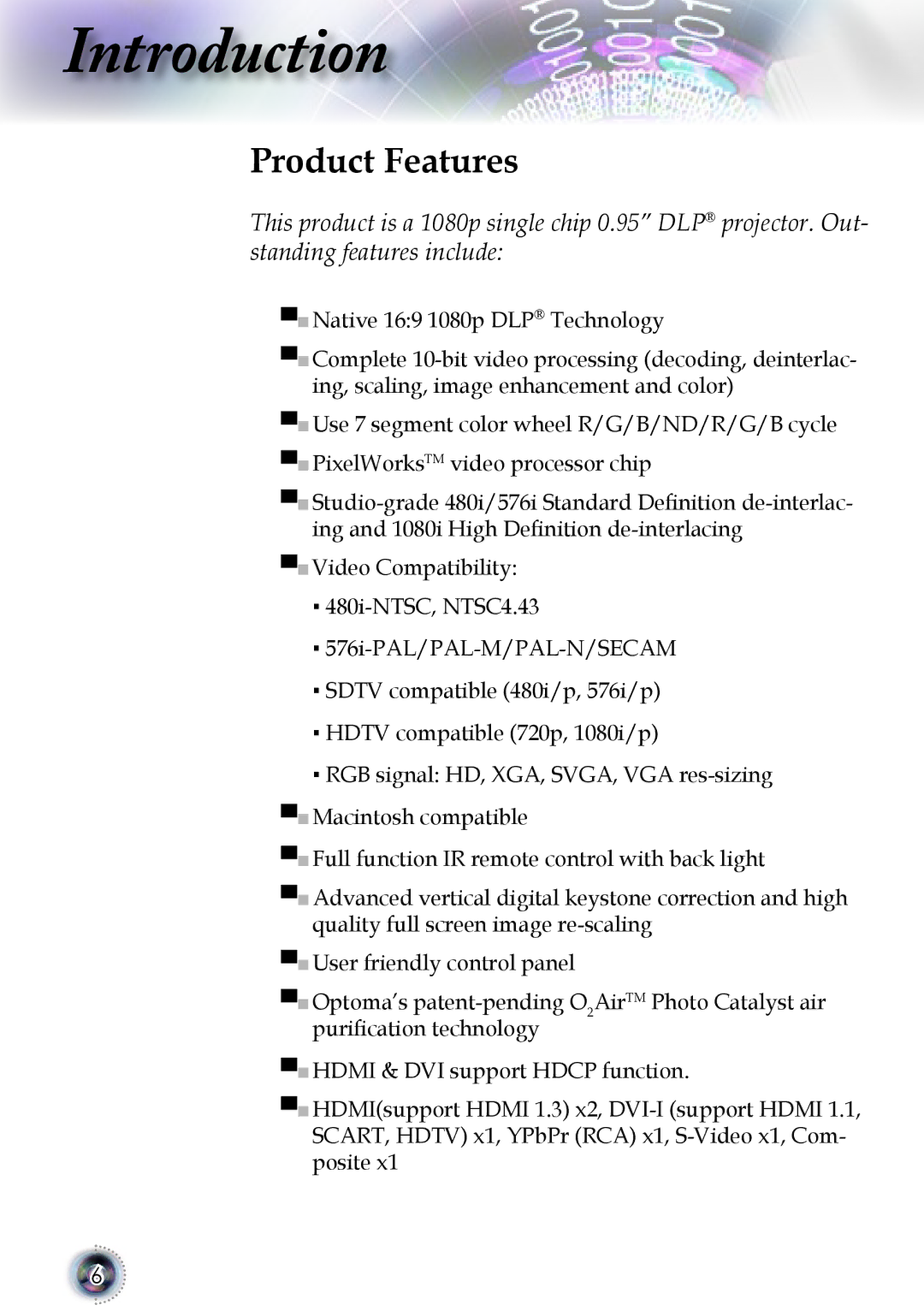 Optoma Technology 1080p DLP manual Introduction, Product Features 