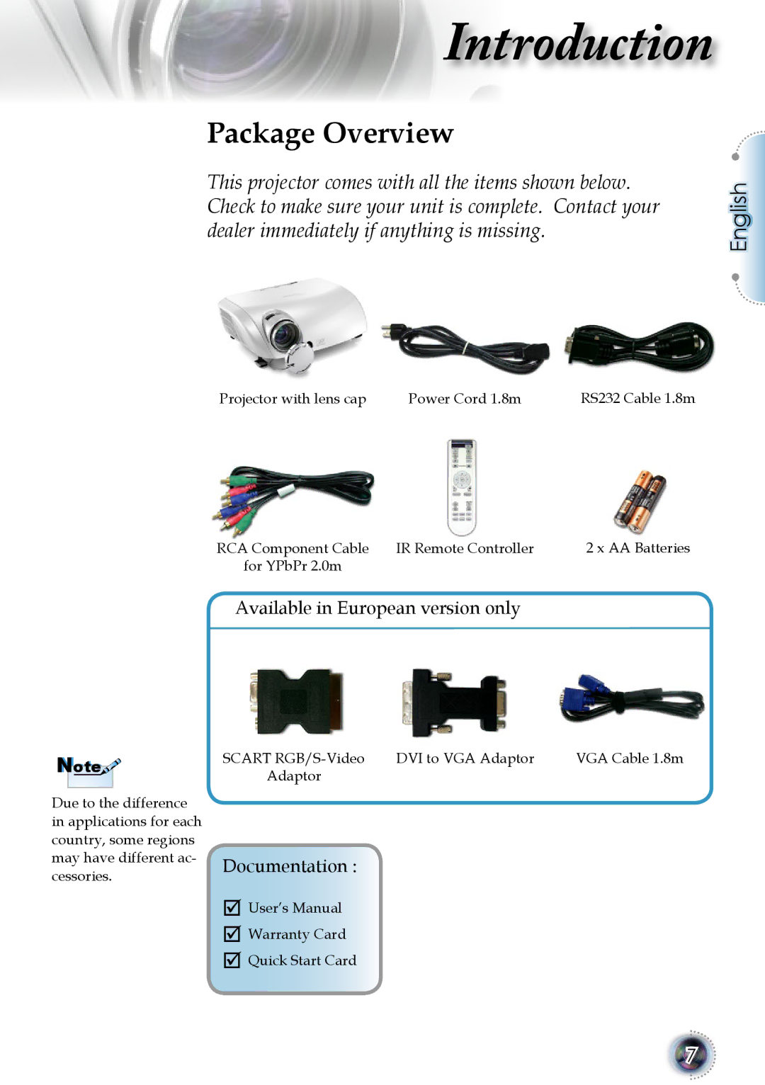 Optoma Technology 1080p DLP manual Package Overview, English 