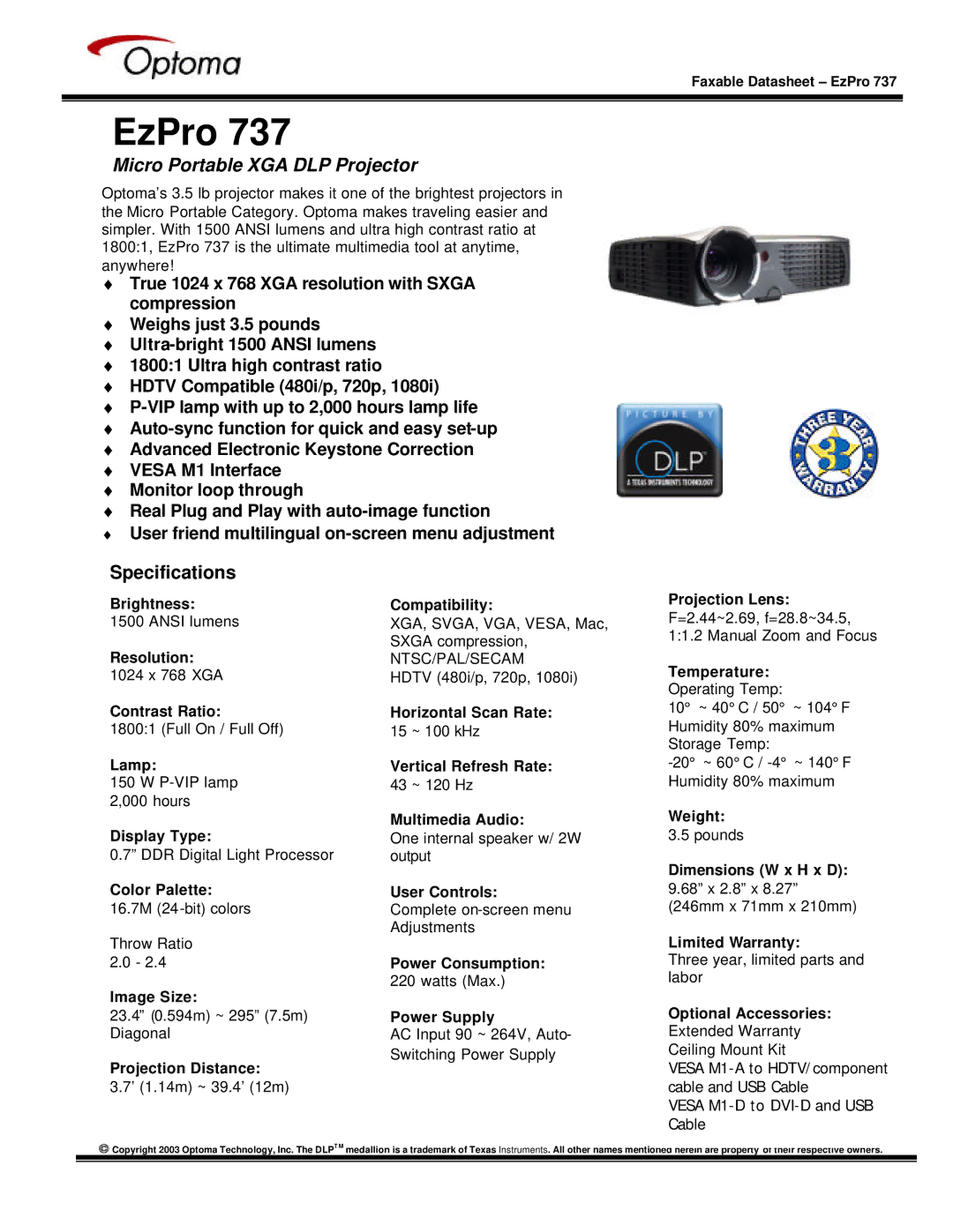 Optoma Technology 737 specifications EzPro, Micro Portable XGA DLP Projector, Specifications 