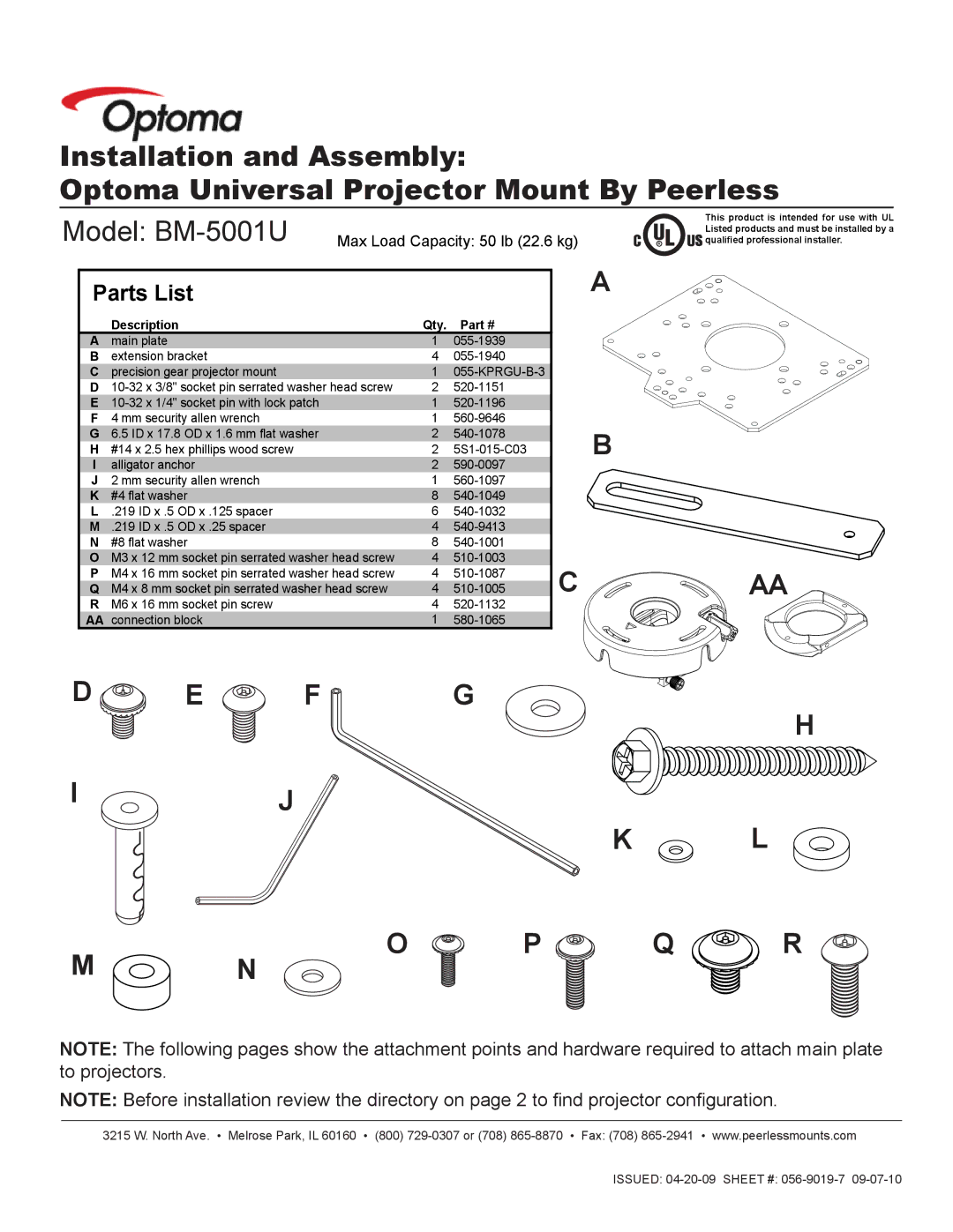 Optoma Technology BM-5001U manual F G, Parts List 