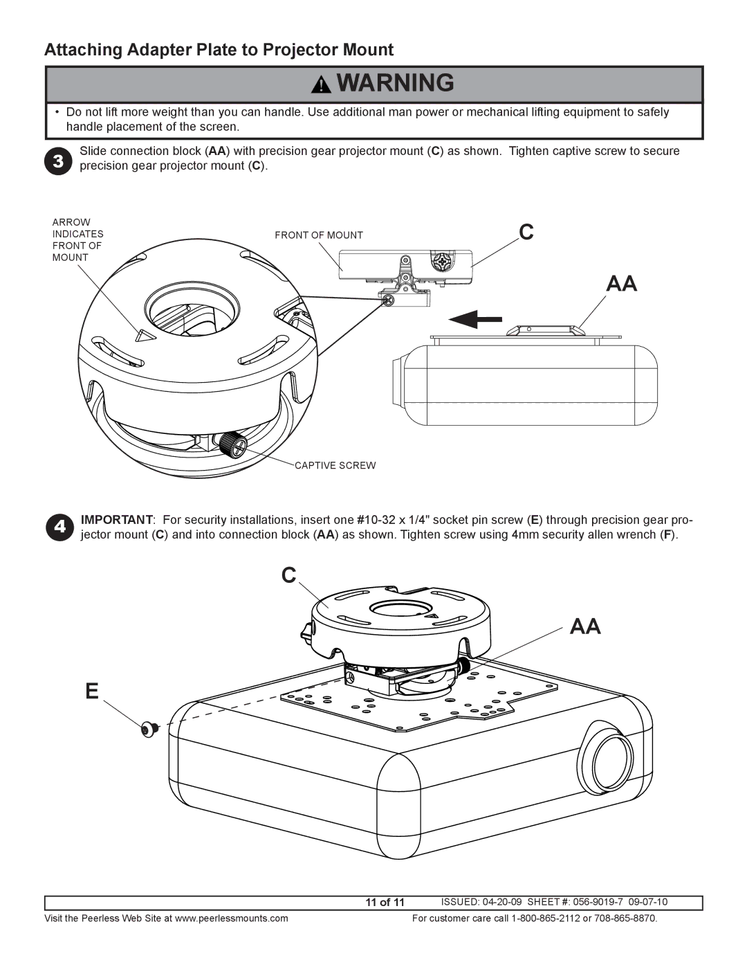 Optoma Technology BM-5001U manual Attaching Adapter Plate to Projector Mount 