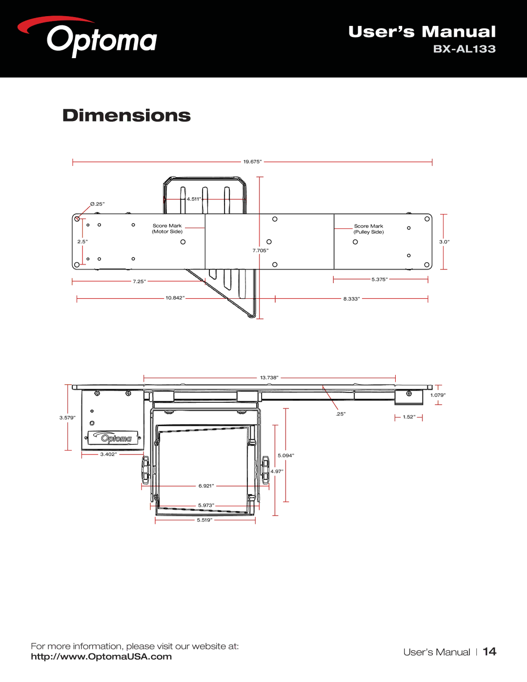 Optoma Technology BX-AL133 user manual Dimensions 