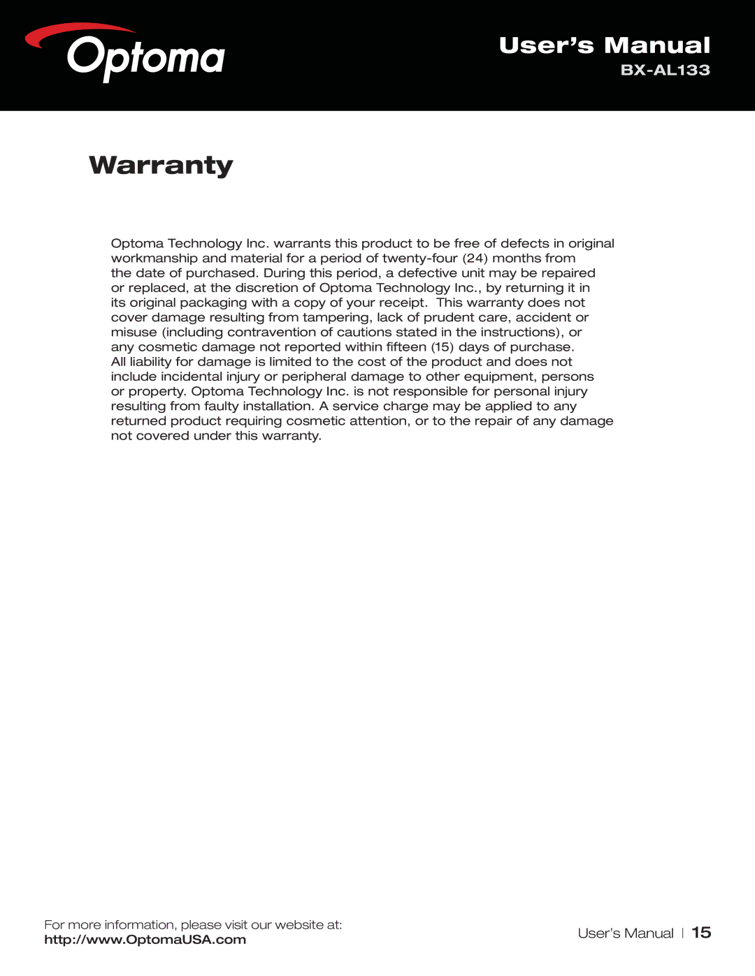 Optoma Technology BX-AL133 user manual Warranty 