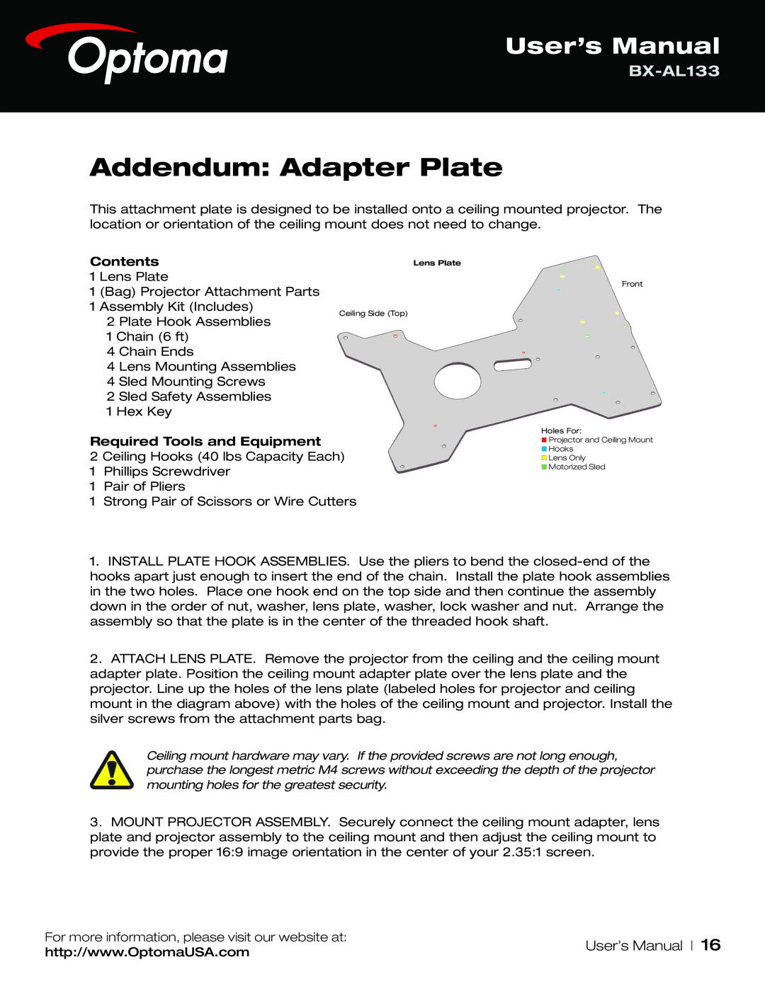 Optoma Technology BX-AL133 user manual Addendum Adapter Plate, Contents 