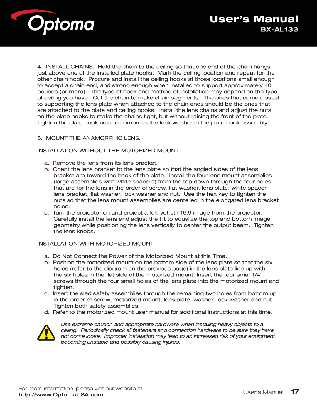 Optoma Technology BX-AL133 user manual Installation with Motorized Mount 