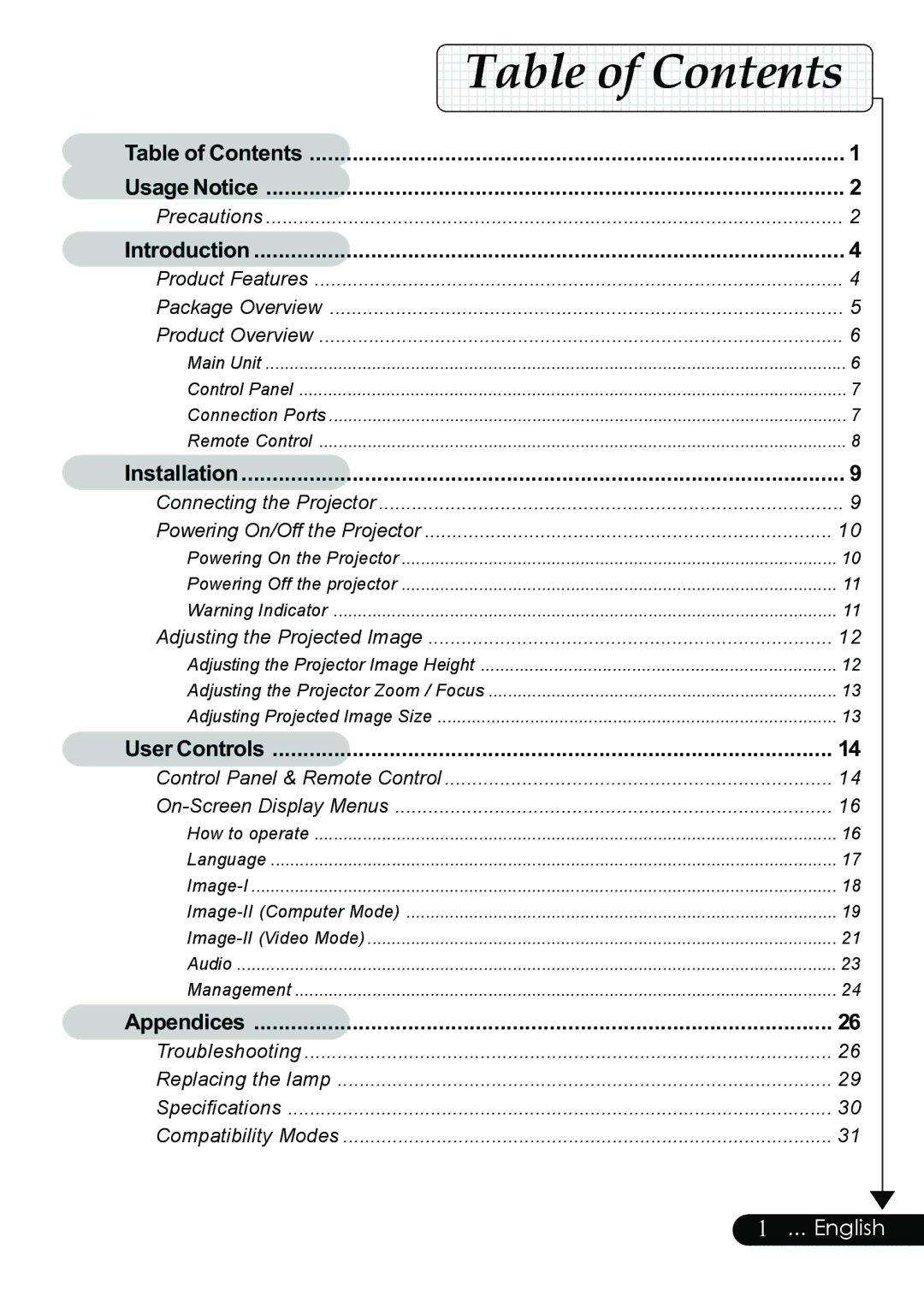 Optoma Technology Digital Tuner Output Projector specifications Table of Contents 