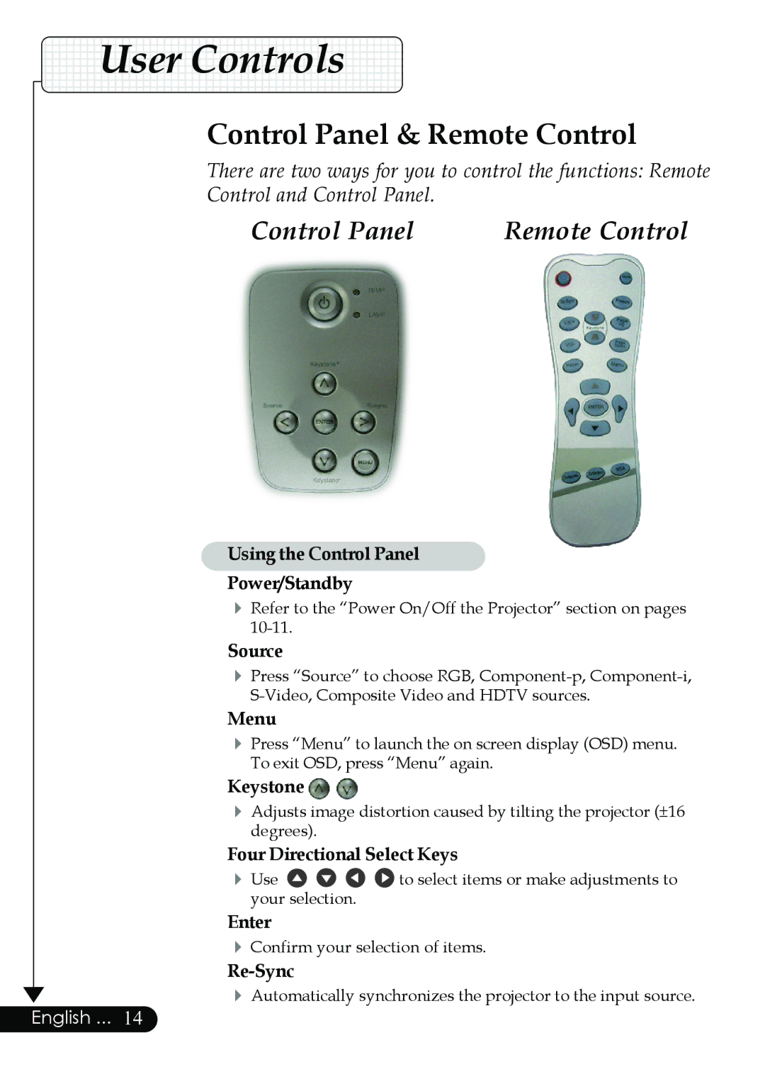 Optoma Technology Digital Tuner Output Projector specifications User Controls, Control Panel & Remote Control 