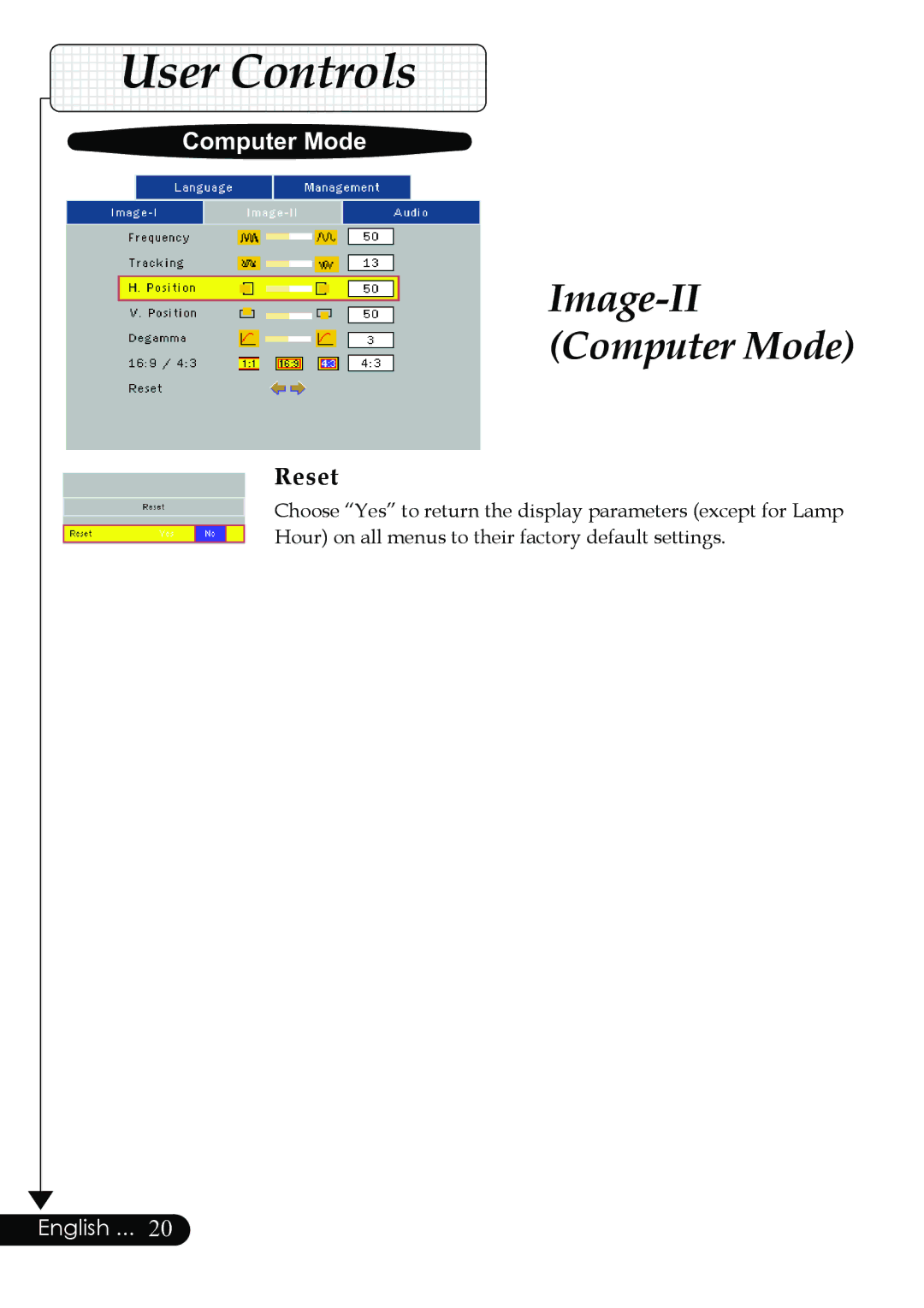 Optoma Technology Digital Tuner Output Projector specifications Reset 