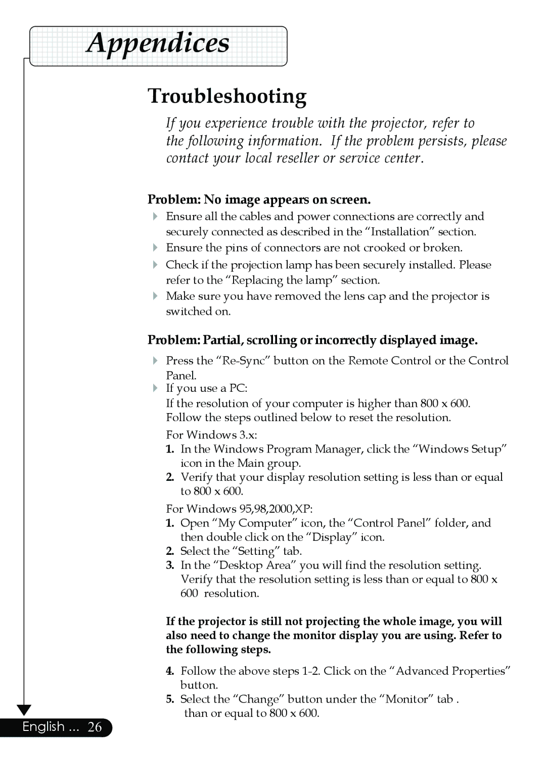 Optoma Technology Digital Tuner Output Projector Appendices, Troubleshooting, Problem No image appears on screen 