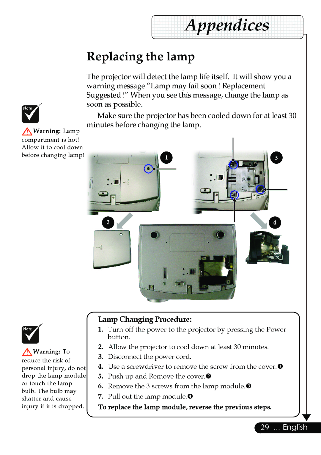 Optoma Technology Digital Tuner Output Projector specifications Replacing the lamp, Lamp Changing Procedure 