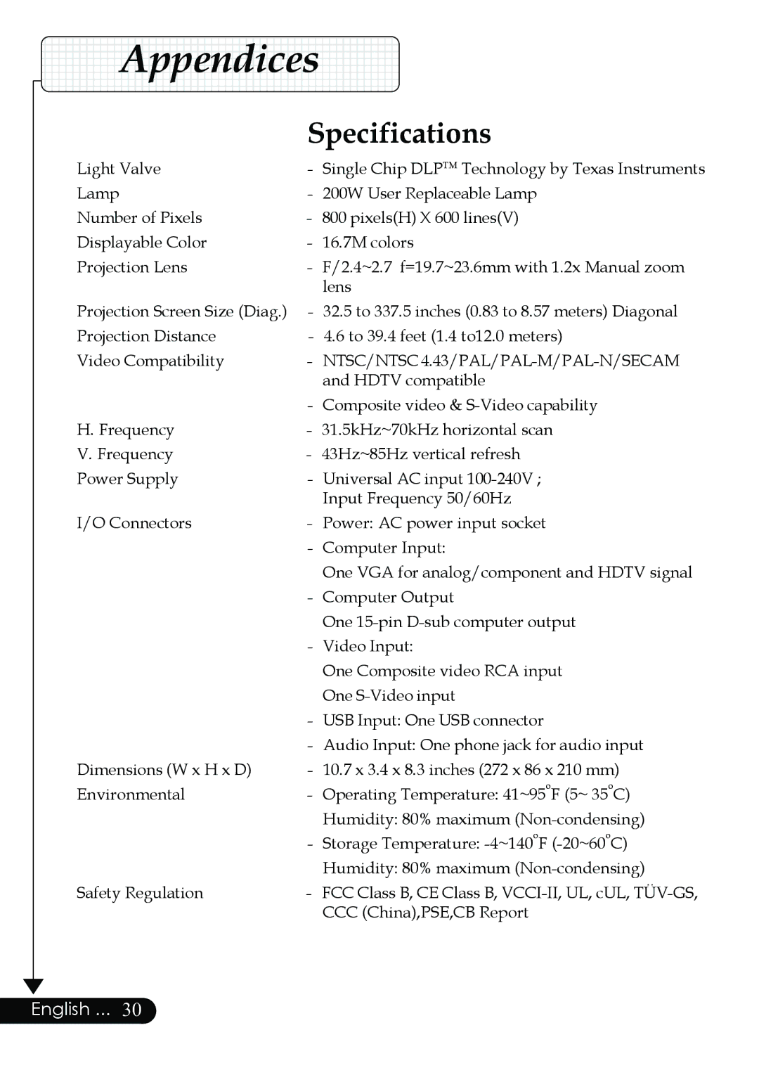 Optoma Technology Digital Tuner Output Projector specifications Specifications, NTSC/NTSC 4.43/PAL/PAL-M/PAL-N/SECAM 