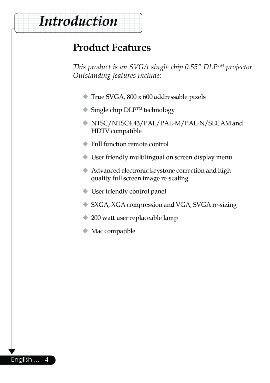 Optoma Technology Digital Tuner Output Projector specifications Introduction, Product Features 