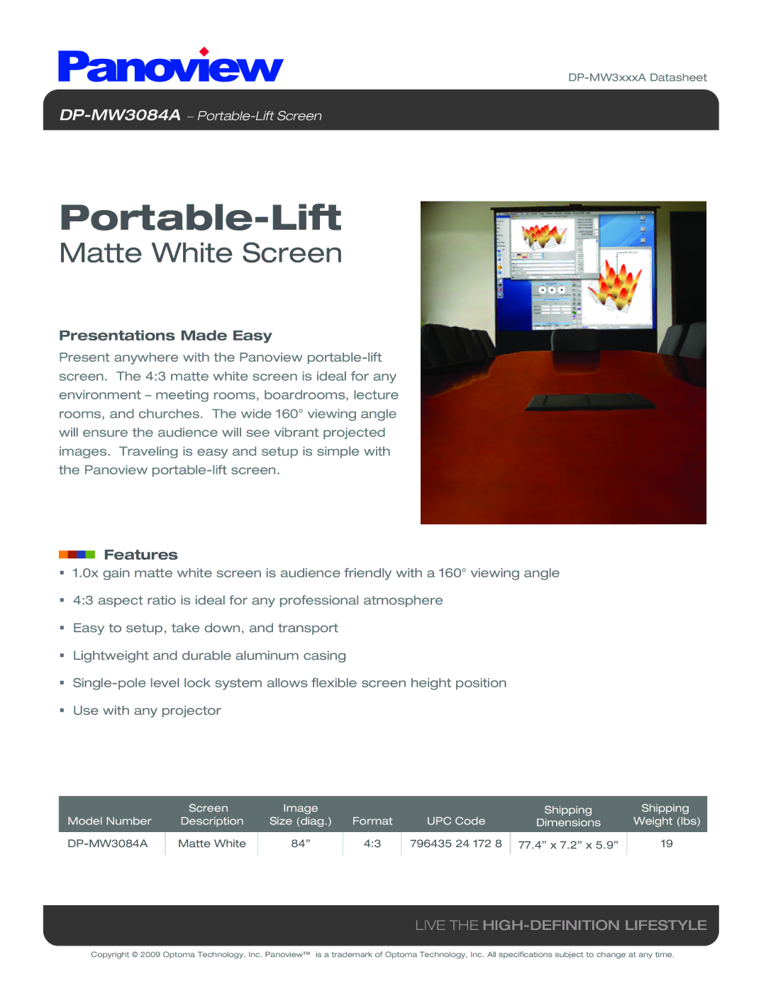 Optoma Technology DP-MW3084A specifications Portable-Lift, Matte White Screen, Presentations Made Easy, Features 