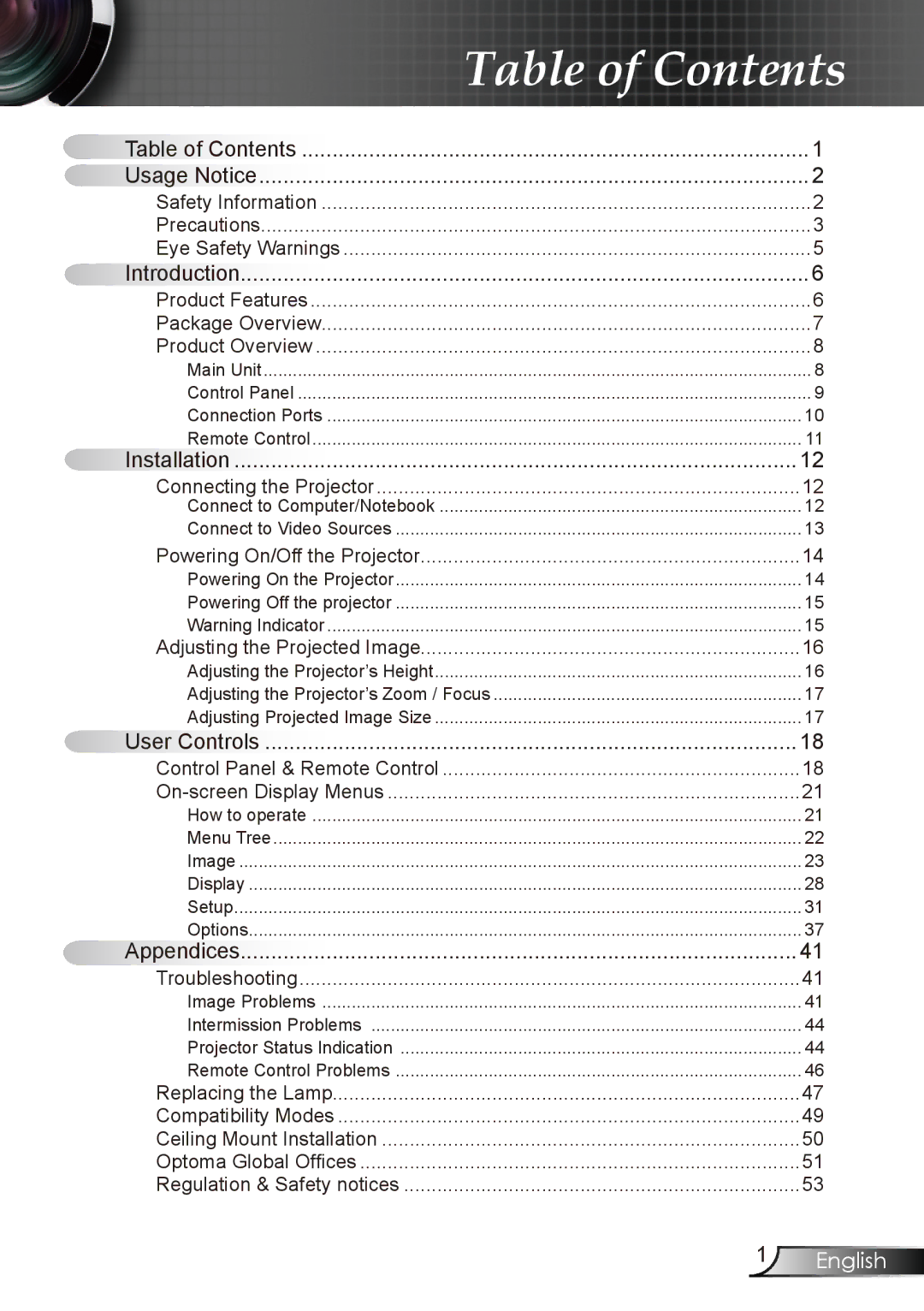 Optoma Technology DX606V manual Table of Contents 