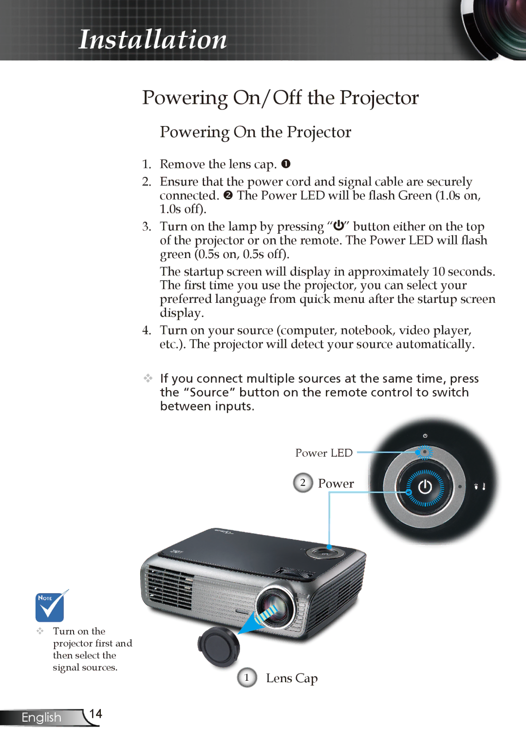 Optoma Technology DX606V manual Powering On/Off the Projector, Powering On the Projector, Lens Cap 