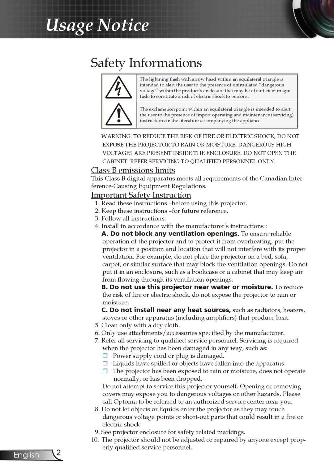 Optoma Technology DX606V manual Safety Informations, Class B emissions limits, Important Safety Instruction 