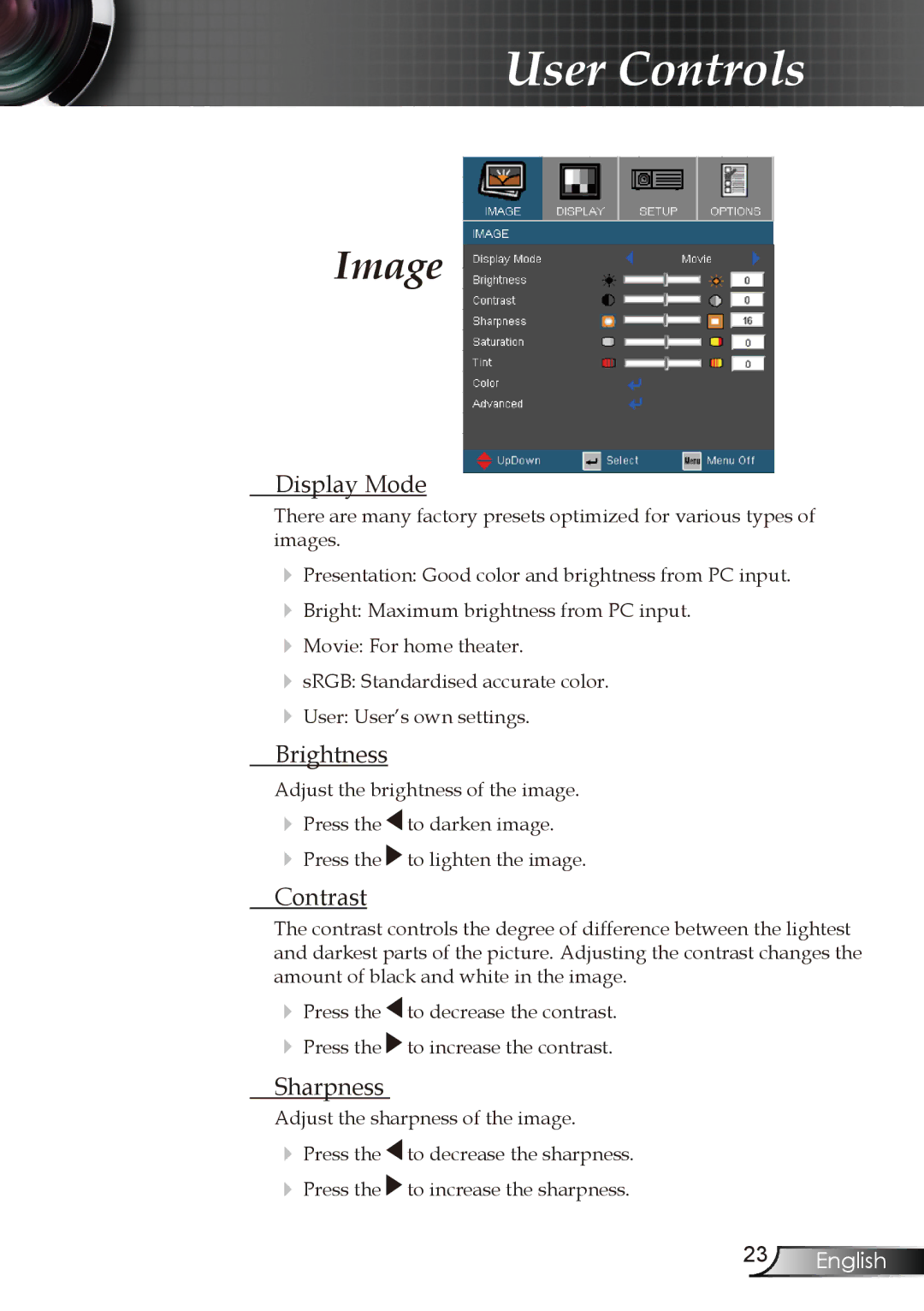 Optoma Technology DX606V manual Image, Display Mode, Brightness, Contrast, Sharpness 