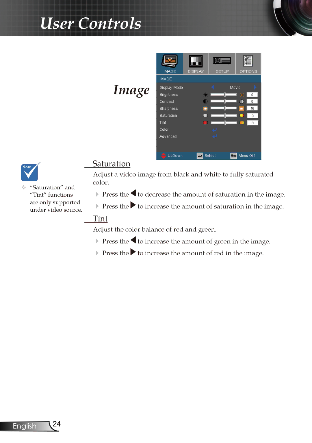 Optoma Technology DX606V manual Saturation, Tint 