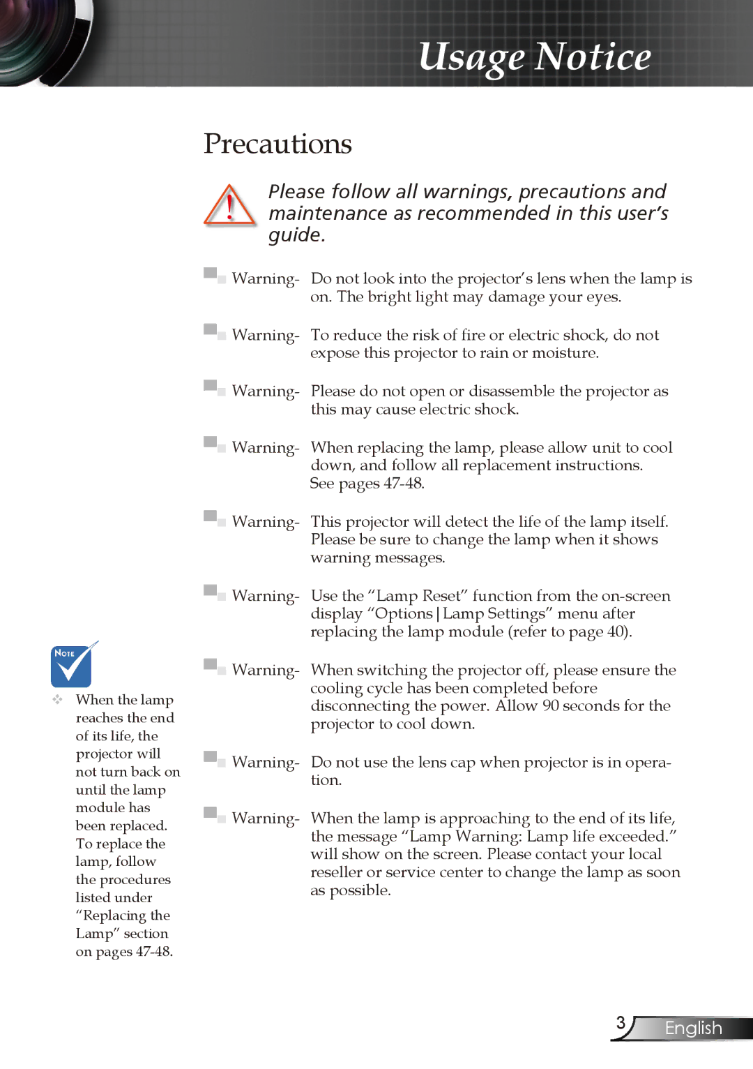 Optoma Technology DX606V manual Precautions 