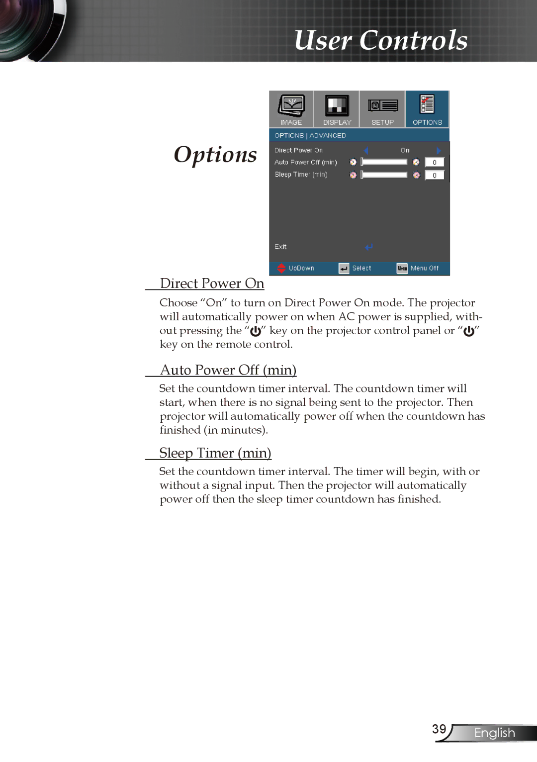 Optoma Technology DX606V manual Direct Power On, Auto Power Off min, Sleep Timer min 