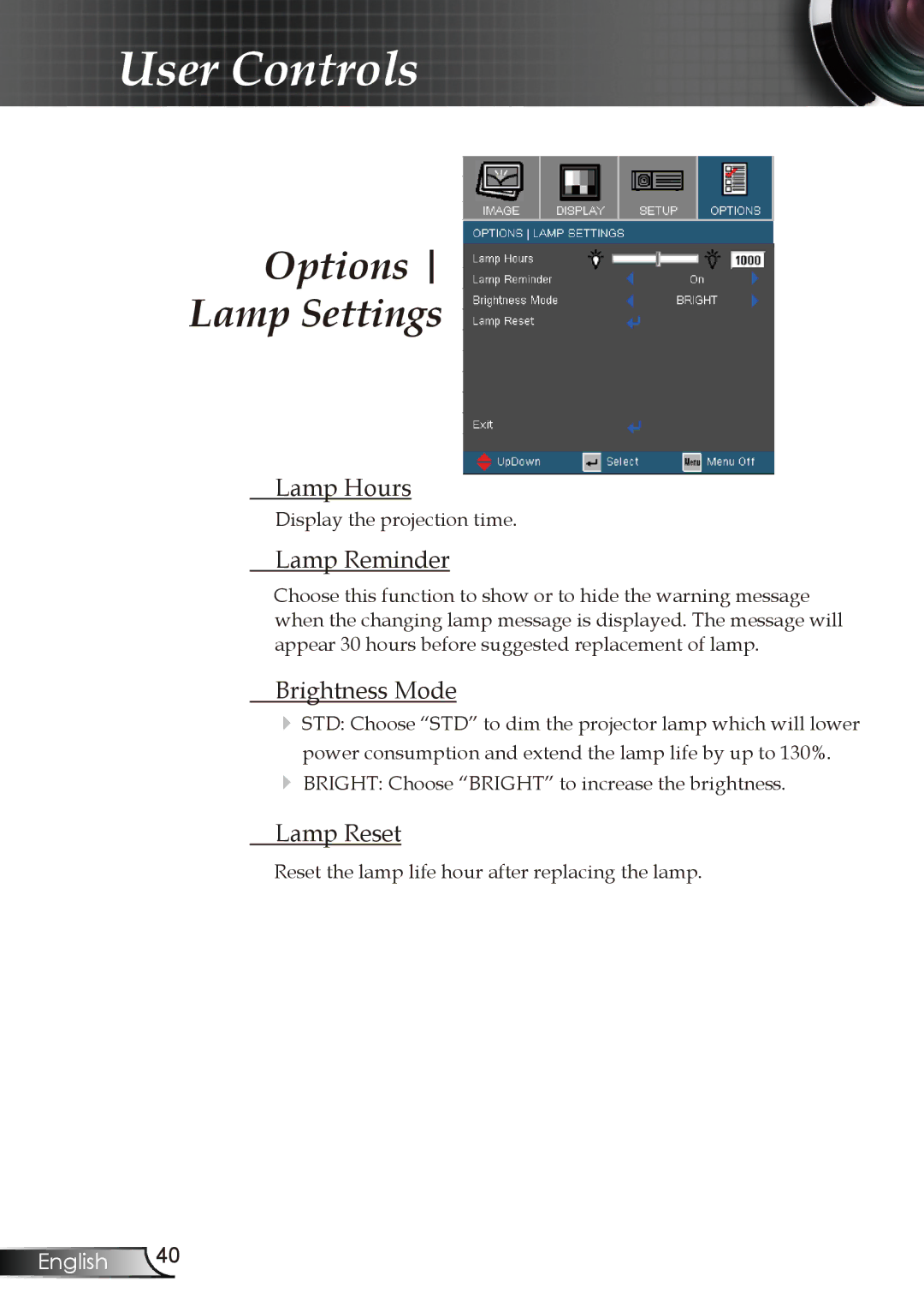 Optoma Technology DX606V manual Options Lamp Settings, Lamp Hours, Lamp Reminder, Brightness Mode, Lamp Reset 