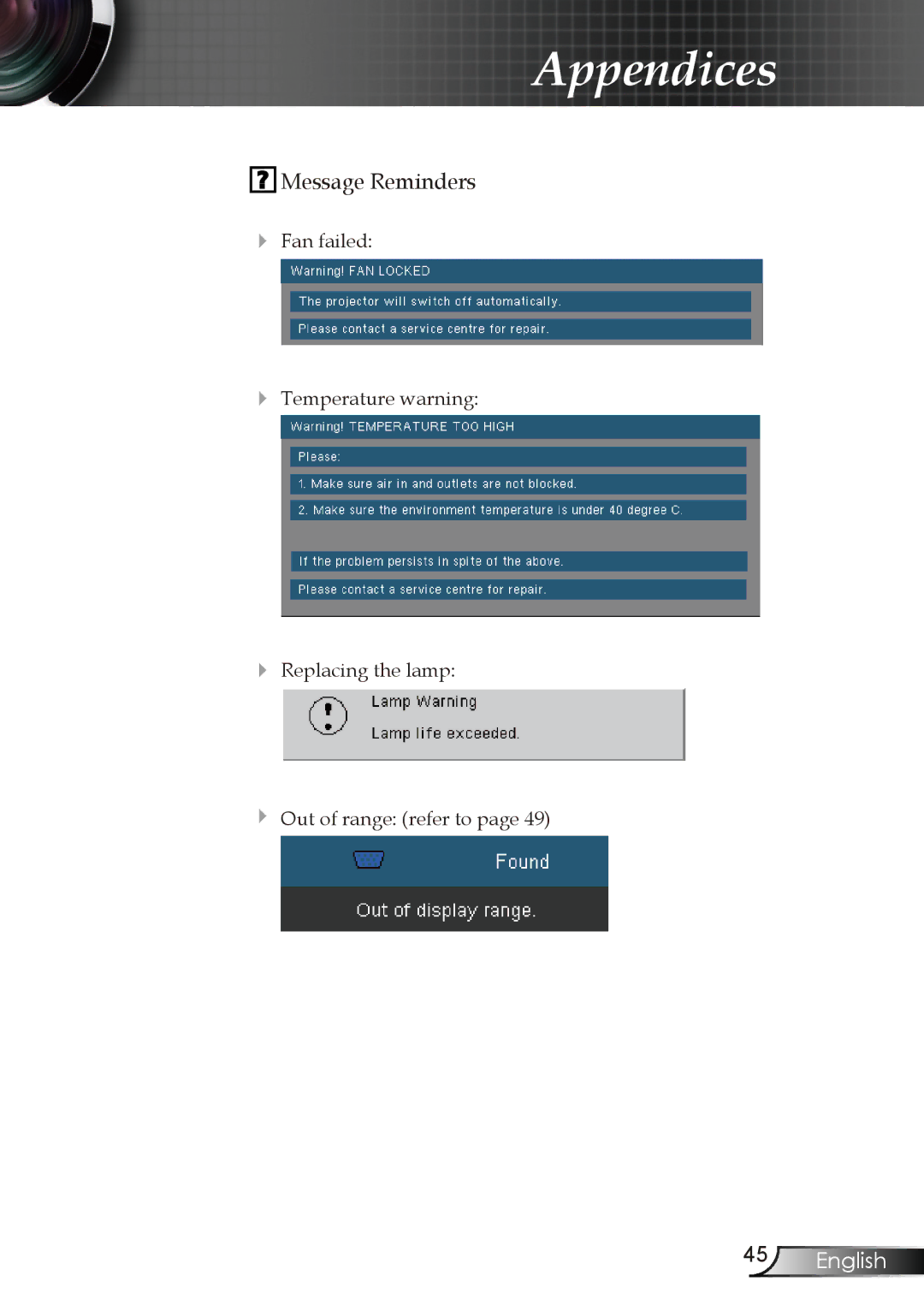 Optoma Technology DX606V manual Message Reminders 