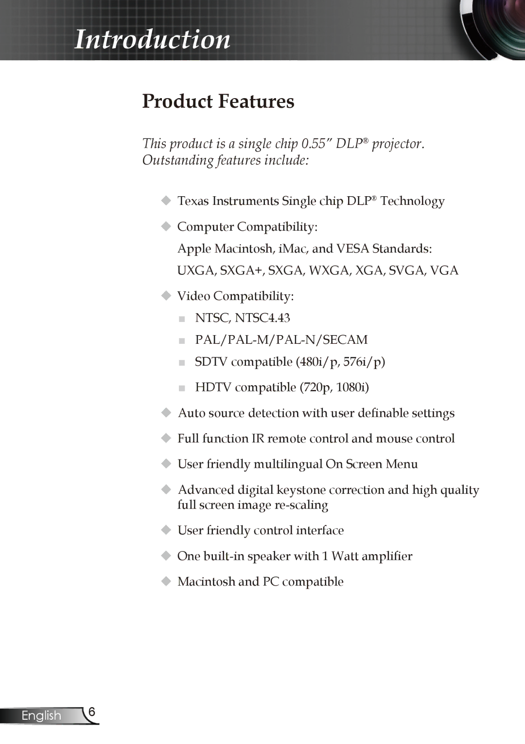 Optoma Technology DX606V manual Introduction,  Video Compatibility NTSC, NTSC4.43 