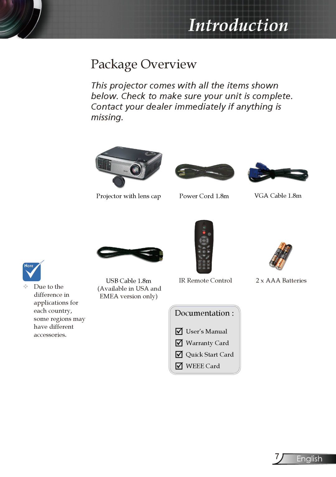 Optoma Technology DX606V manual Package Overview, Documentation 