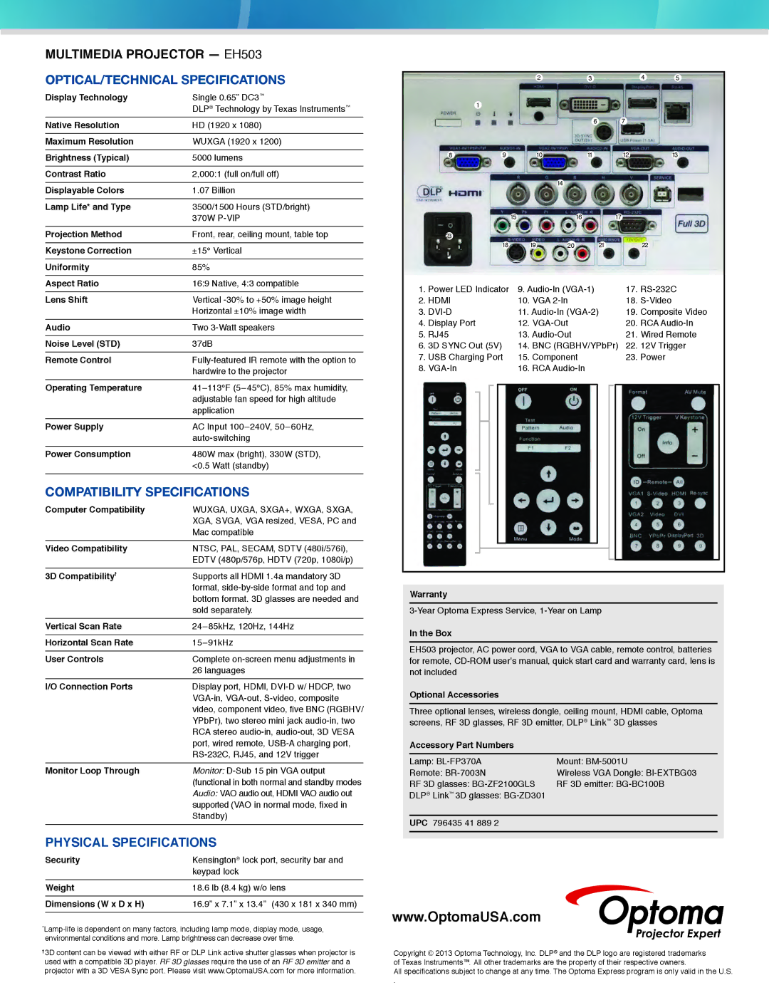 Optoma Technology EH503 manual OPTICAL/TECHNICAL Specifications, Compatibility Specifications, Physical Specifications 