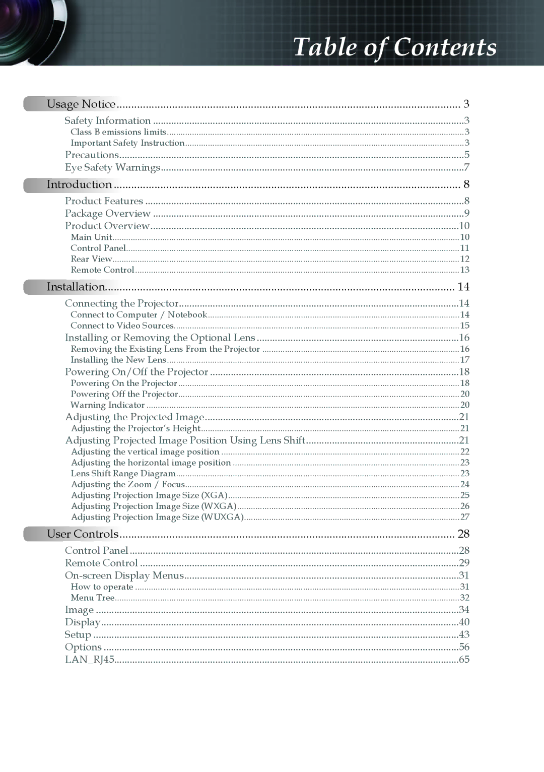 Optoma Technology EH505 manual Table of Contents 