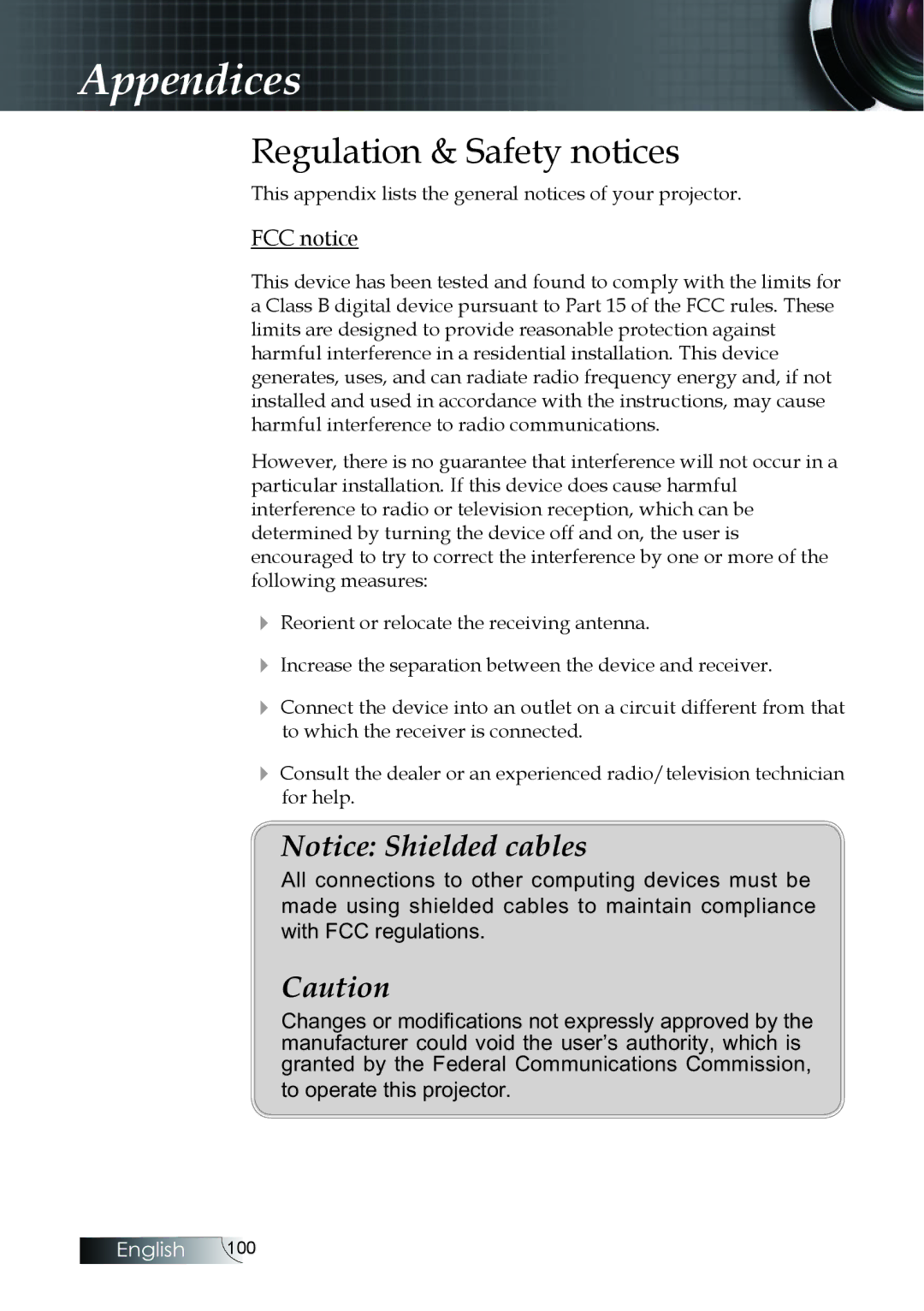 Optoma Technology EH505 manual Regulation & Safety notices, FCC notice 