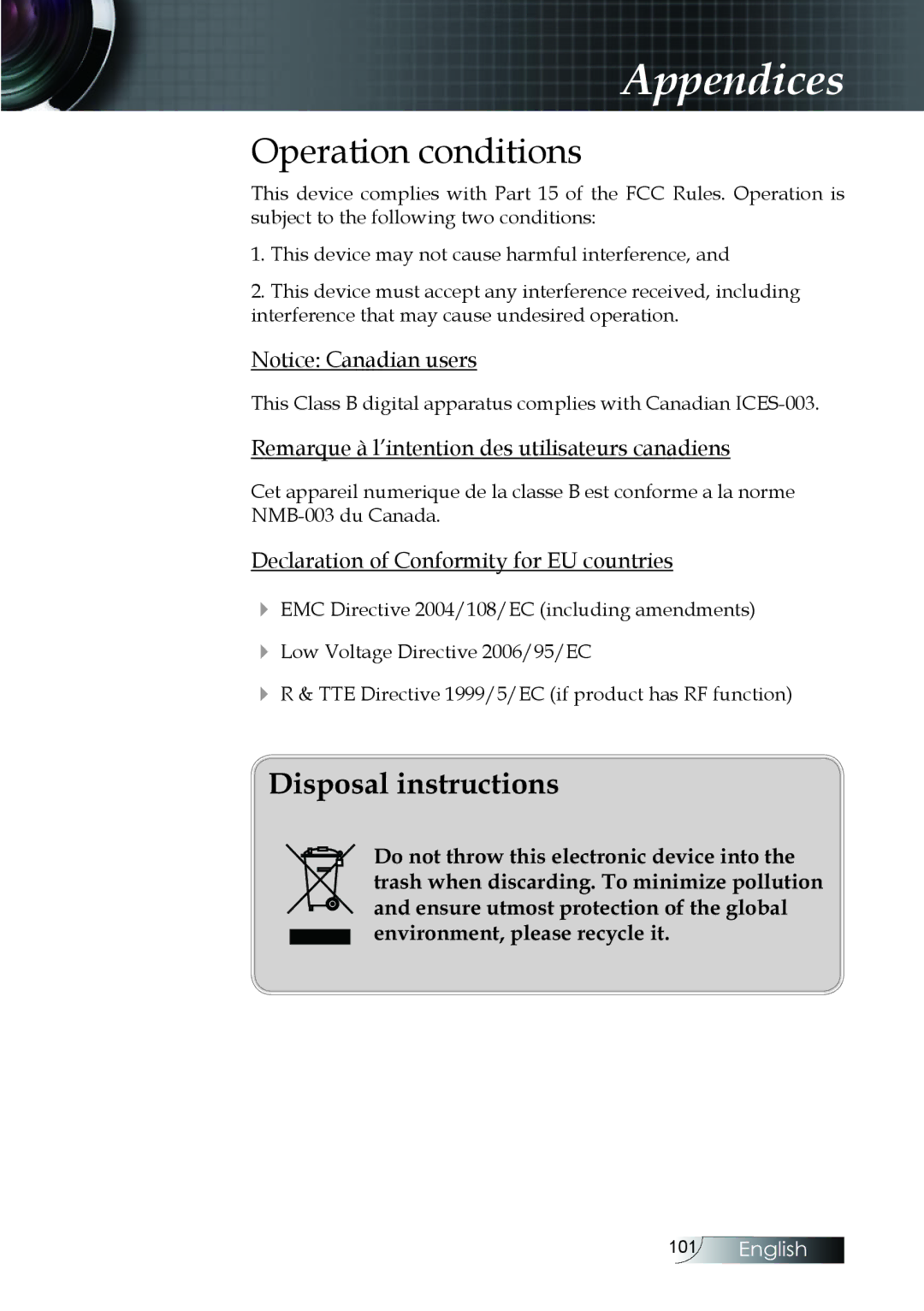 Optoma Technology EH505 manual Operation conditions, Declaration of Conformity for EU countries 