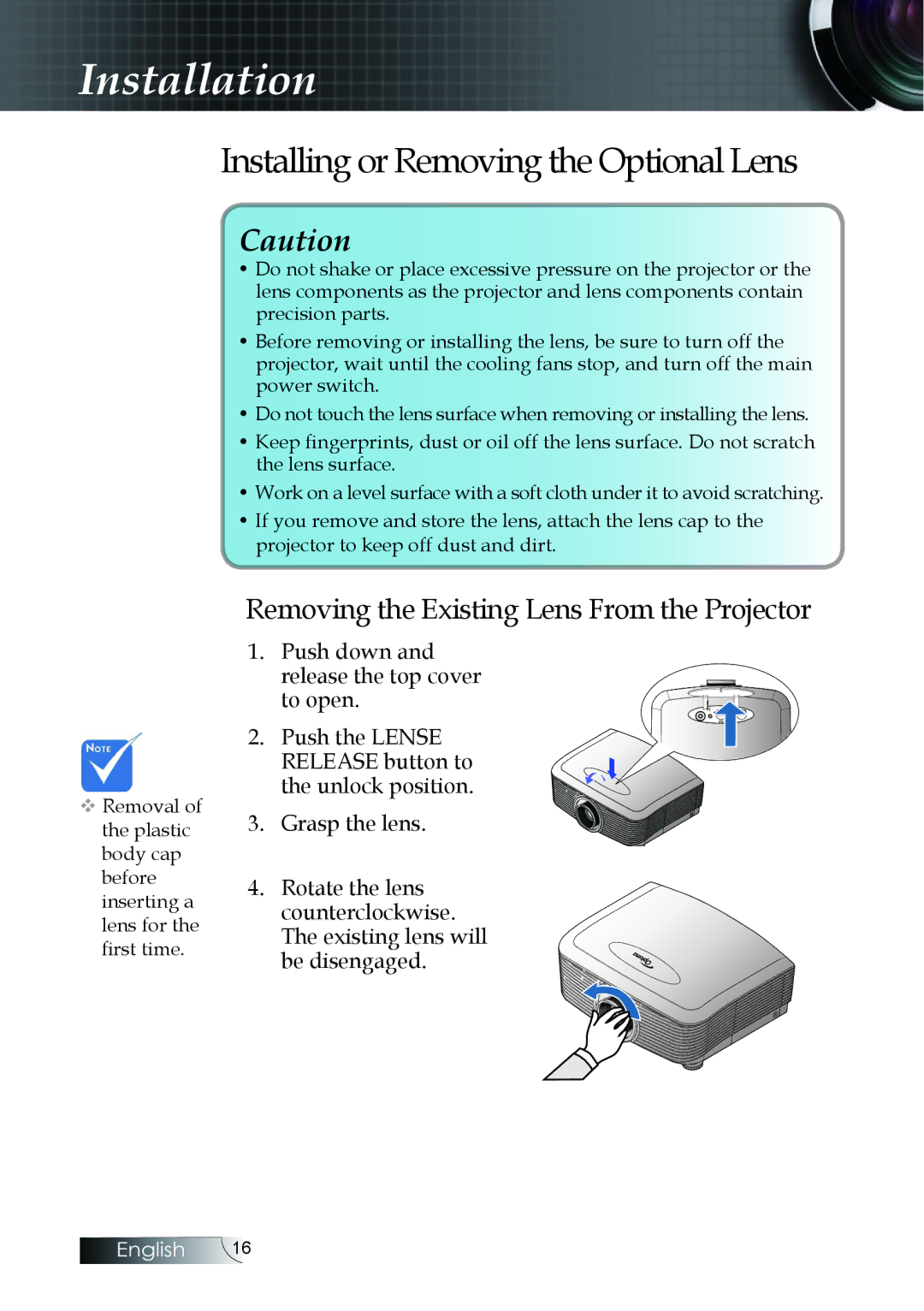 Optoma Technology EH505 manual Installing or Removing the Optional Lens, Removing the Existing Lens From the Projector 