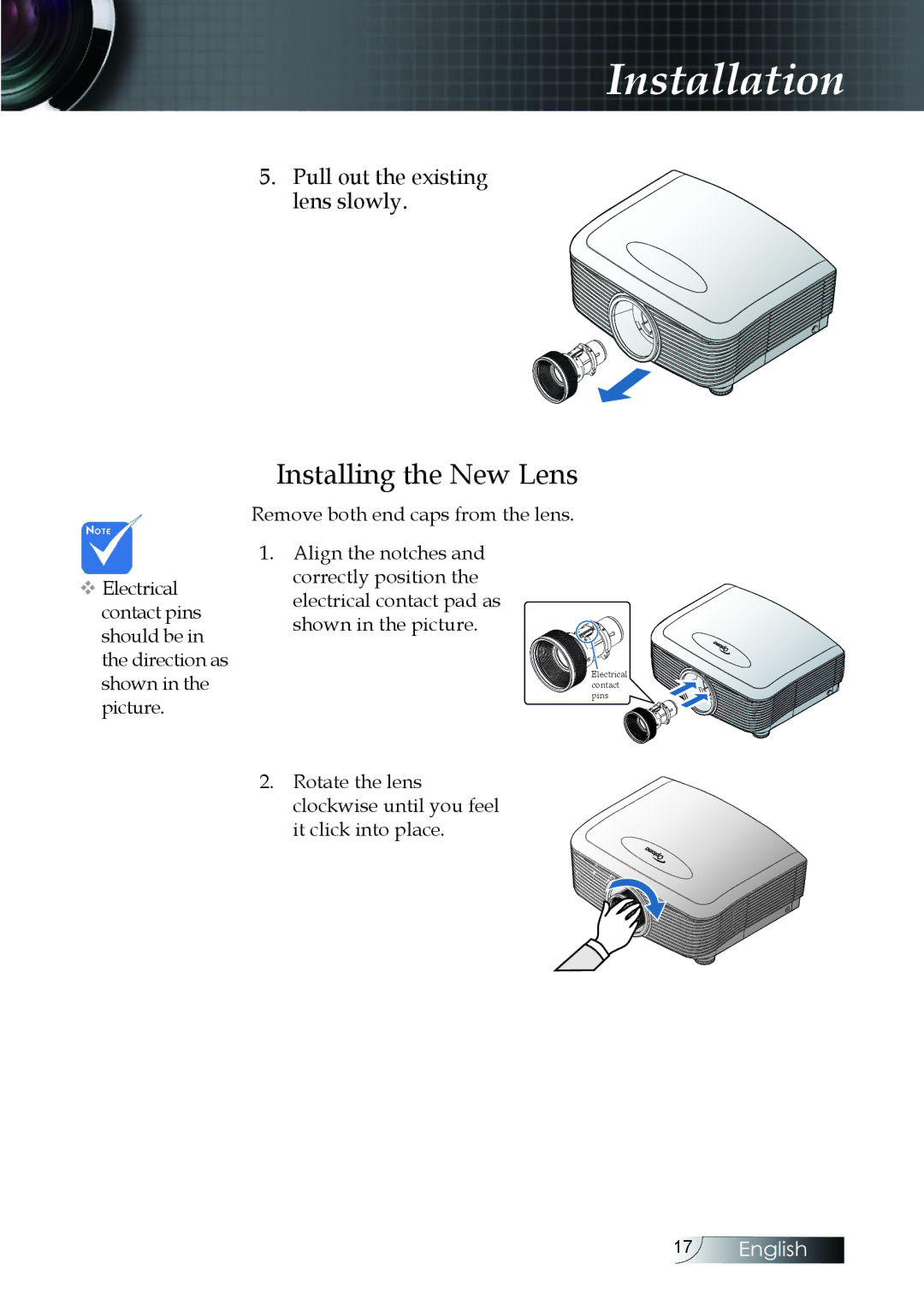 Optoma Technology EH505 manual Installing the New Lens 