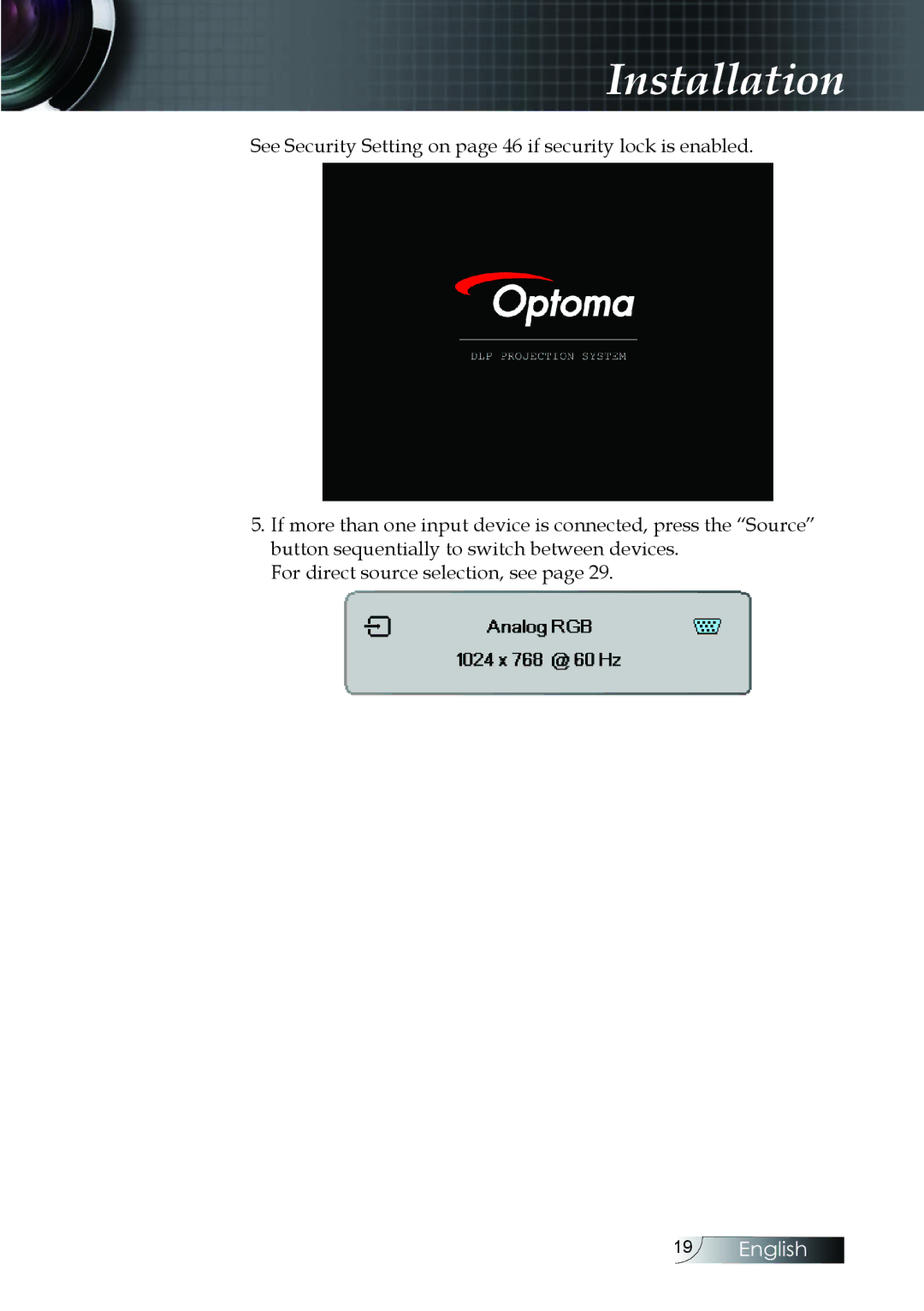 Optoma Technology EH505 manual Installation 