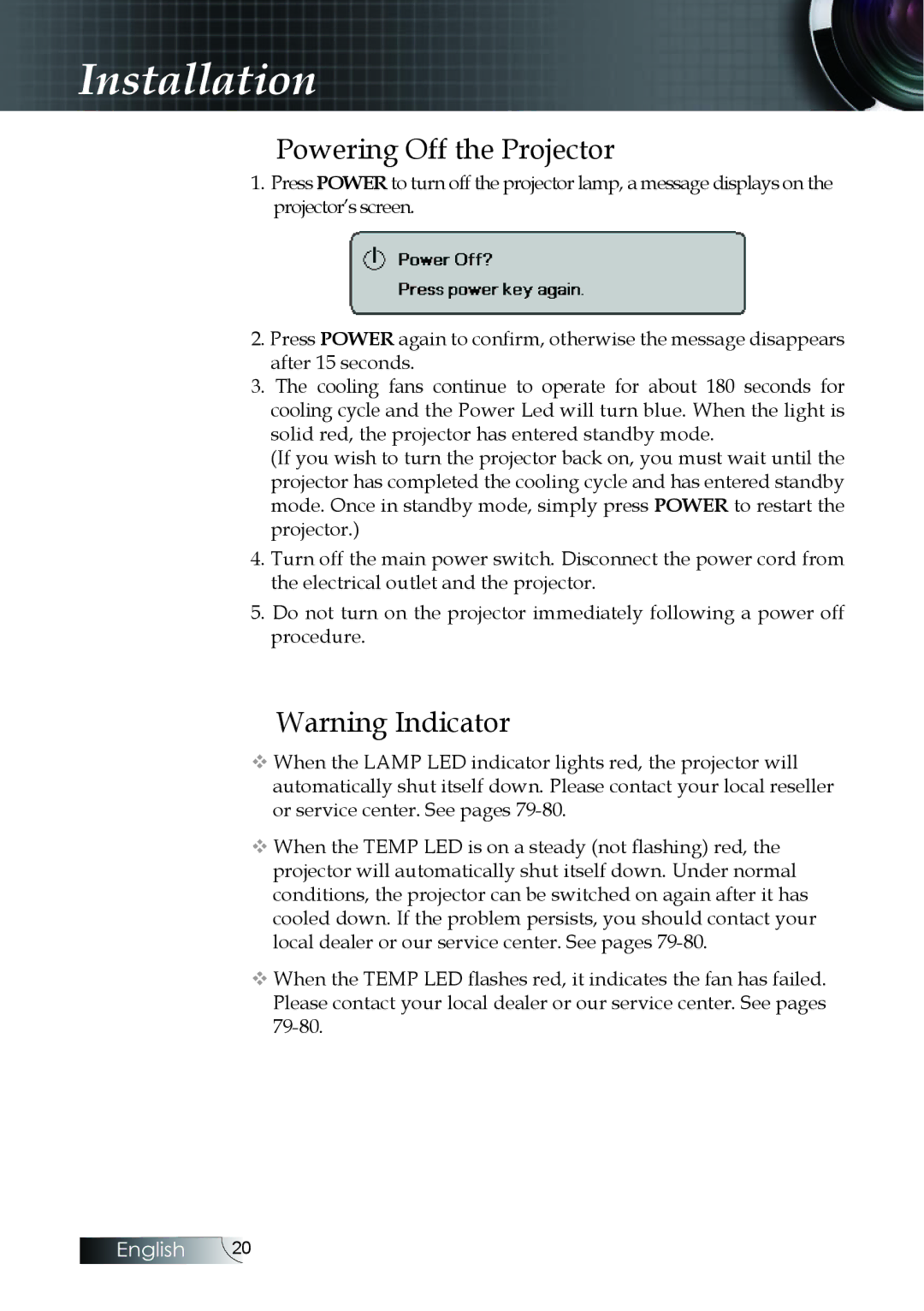 Optoma Technology EH505 manual Powering Off the Projector 