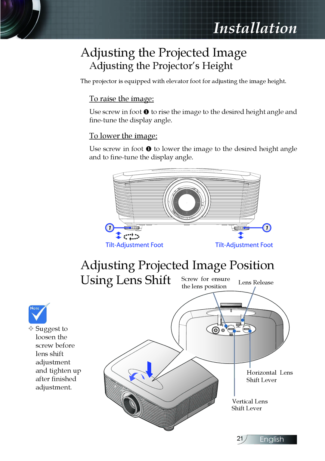 Optoma Technology EH505 manual Adjusting the Projected Image, Adjusting Projected Image Position Using Lens Shift 