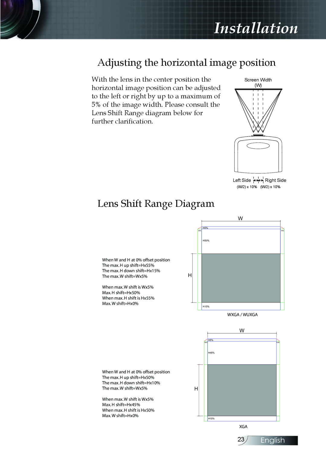 Optoma Technology EH505 manual Adjusting the horizontal image position, Lens Shift Range Diagram 