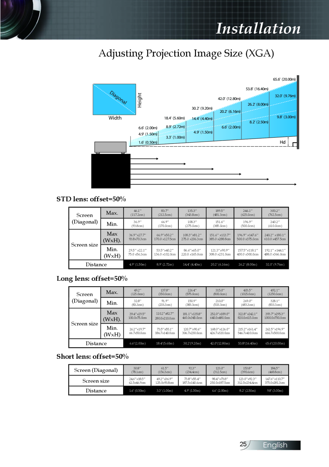 Optoma Technology EH505 manual Adjusting Projection Image Size XGA, Width Height 