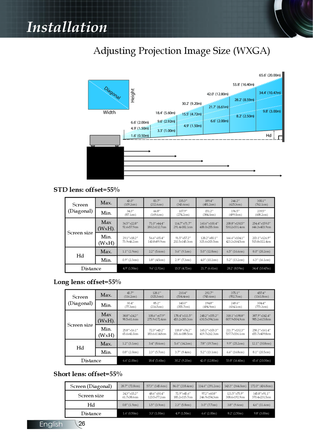 Optoma Technology EH505 manual Adjusting Projection Image Size Wxga, Height Width 