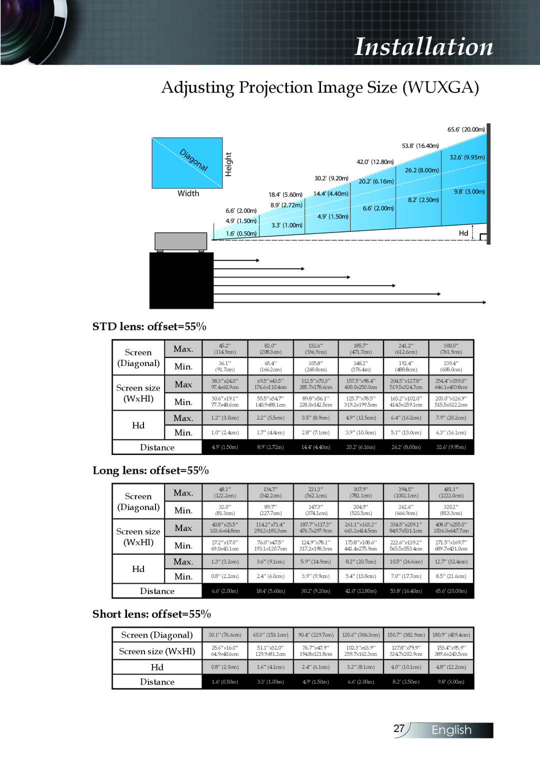 Optoma Technology EH505 manual Adjusting Projection Image Size Wuxga, WxHl Min 