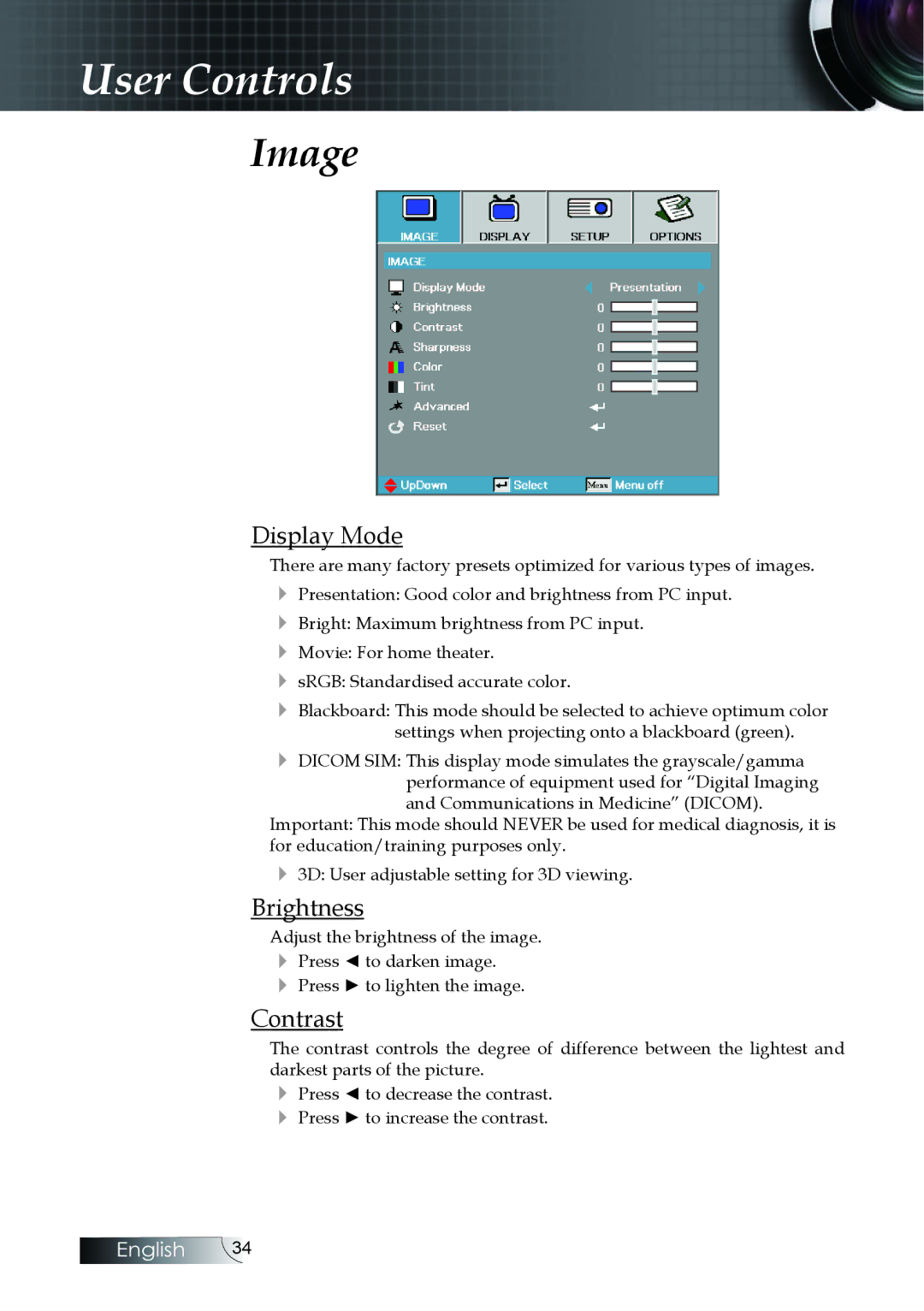 Optoma Technology EH505 manual Image, Display Mode, Brightness, Contrast 