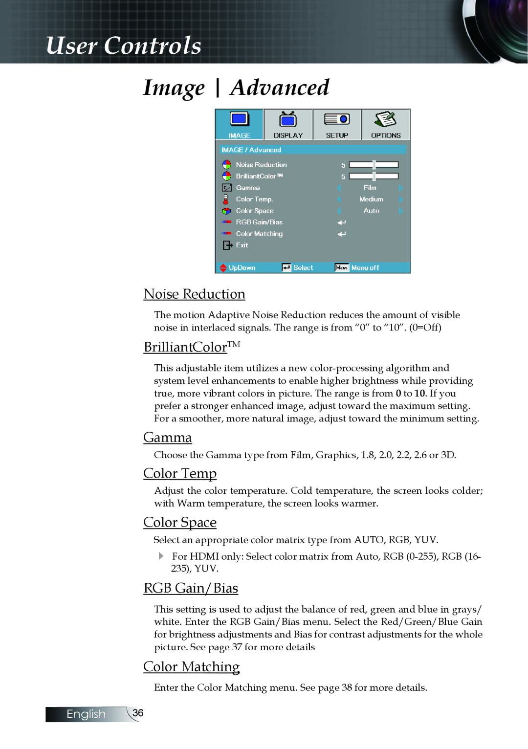 Optoma Technology EH505 manual Image Advanced 