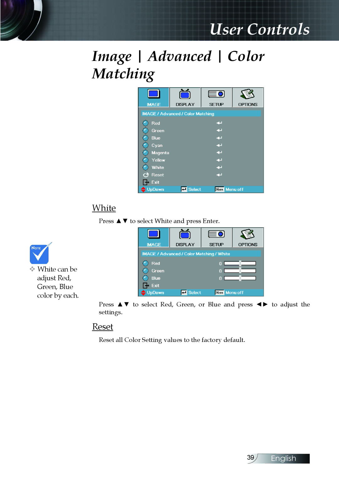 Optoma Technology EH505 manual White, Reset 