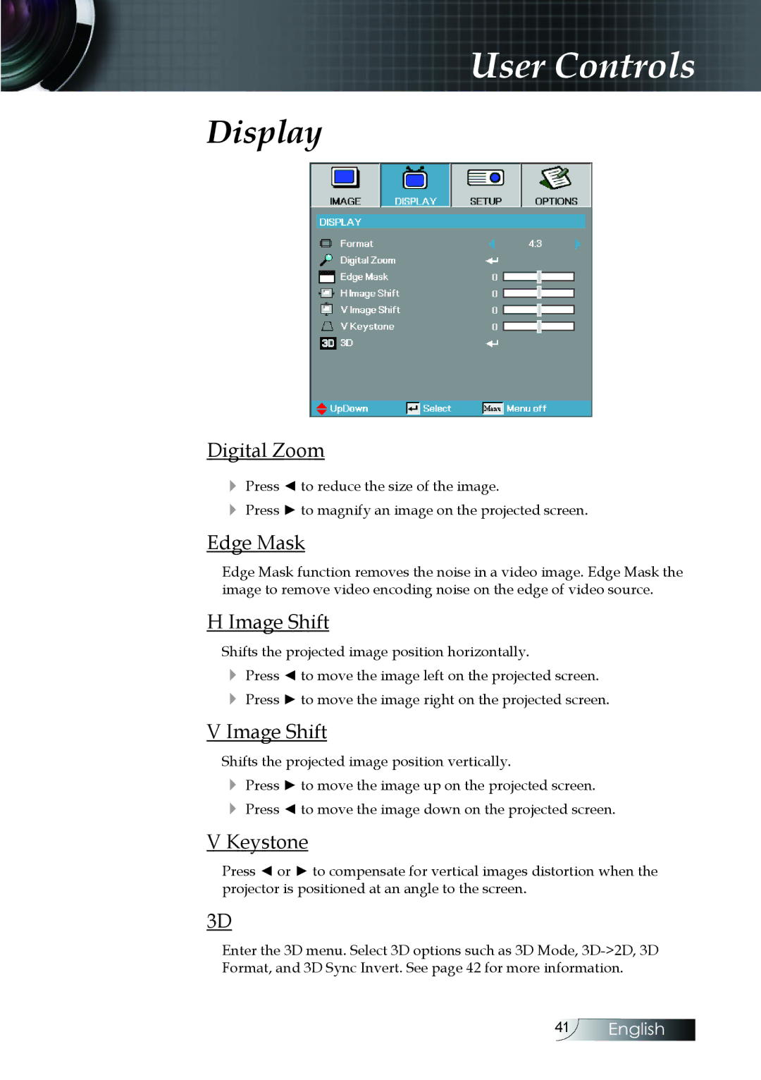 Optoma Technology EH505 manual Digital Zoom, Edge Mask, Image Shift, Keystone 