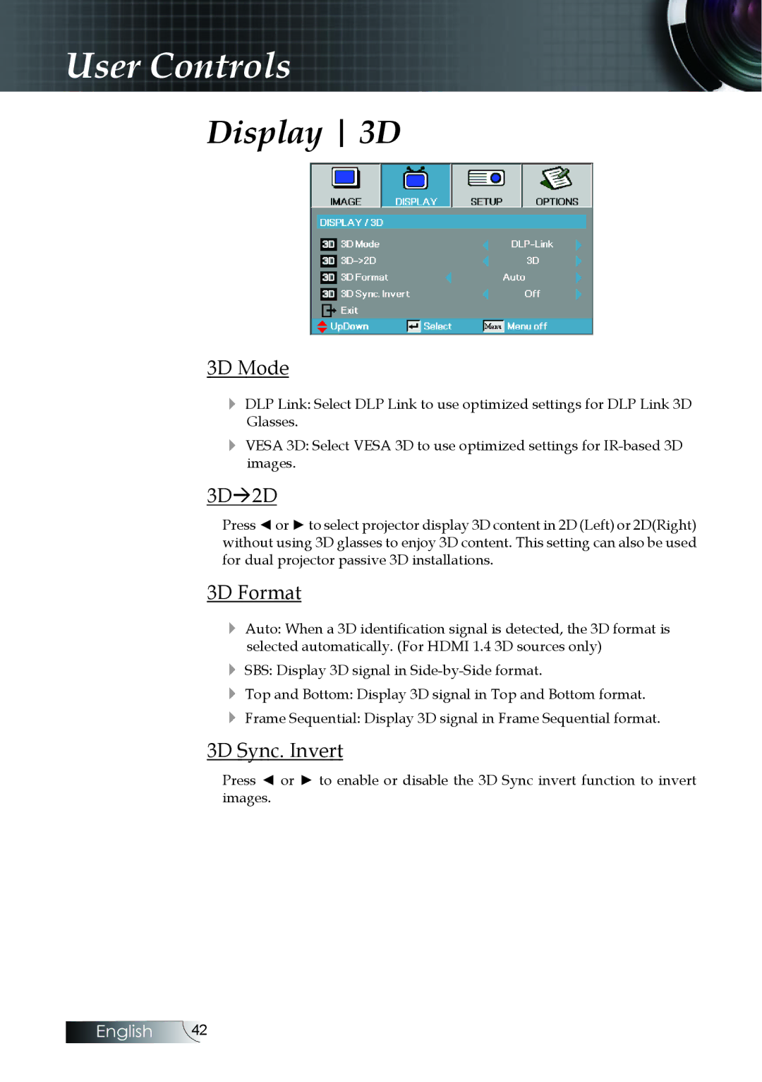 Optoma Technology EH505 manual Display 3D, 3D Mode, 3D2D, 3D Format, 3D Sync. Invert 